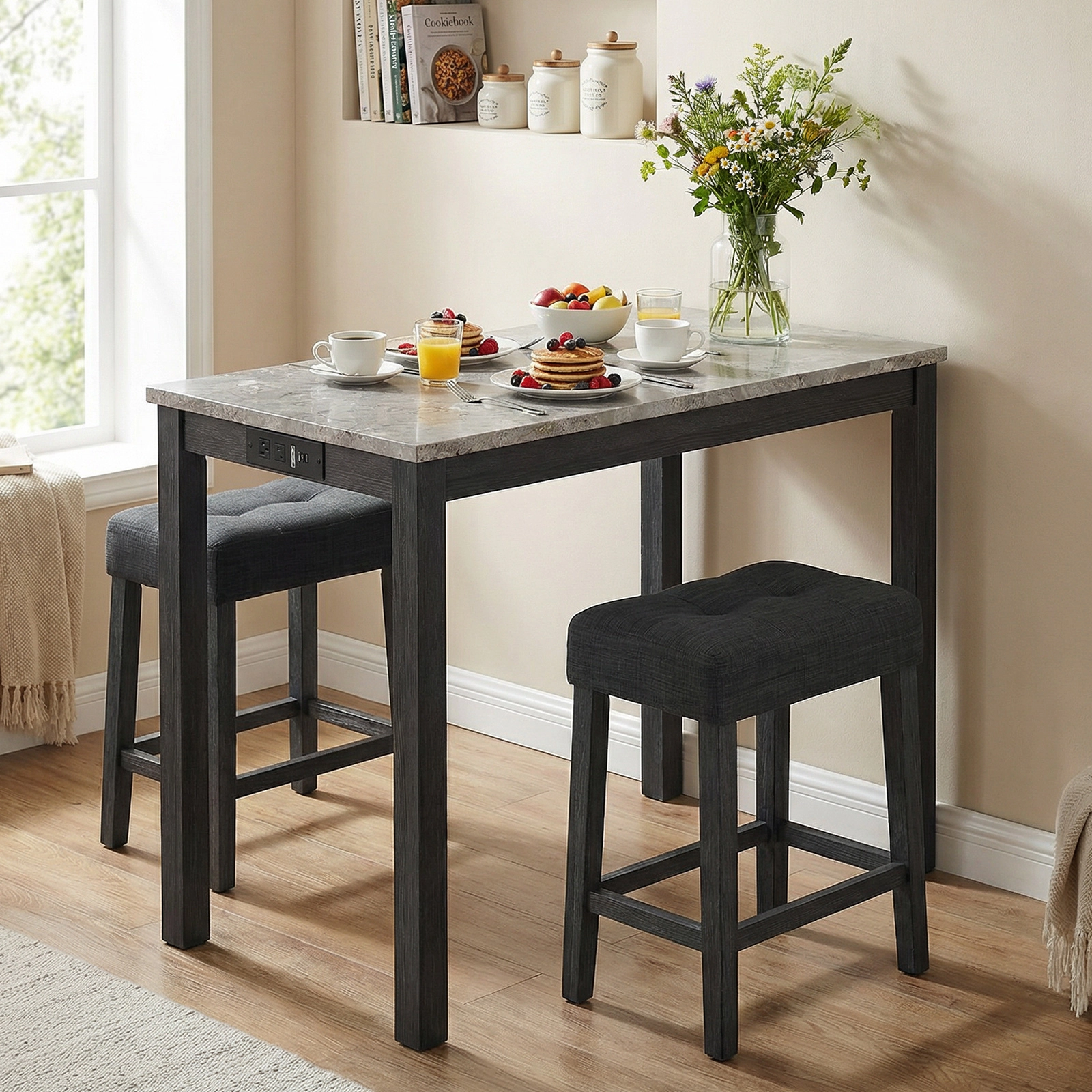 LJG 3-Piece Bar Table Set with Charging Station and Faux Marble Top