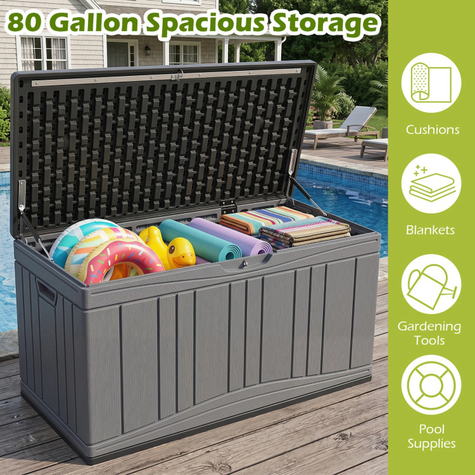 SUGIFT 80 Gallon HDPE Storage Box Deck Box with Lockable Lid 330-lb Capacity 45-in Wide Garden Tools Cushions Gray