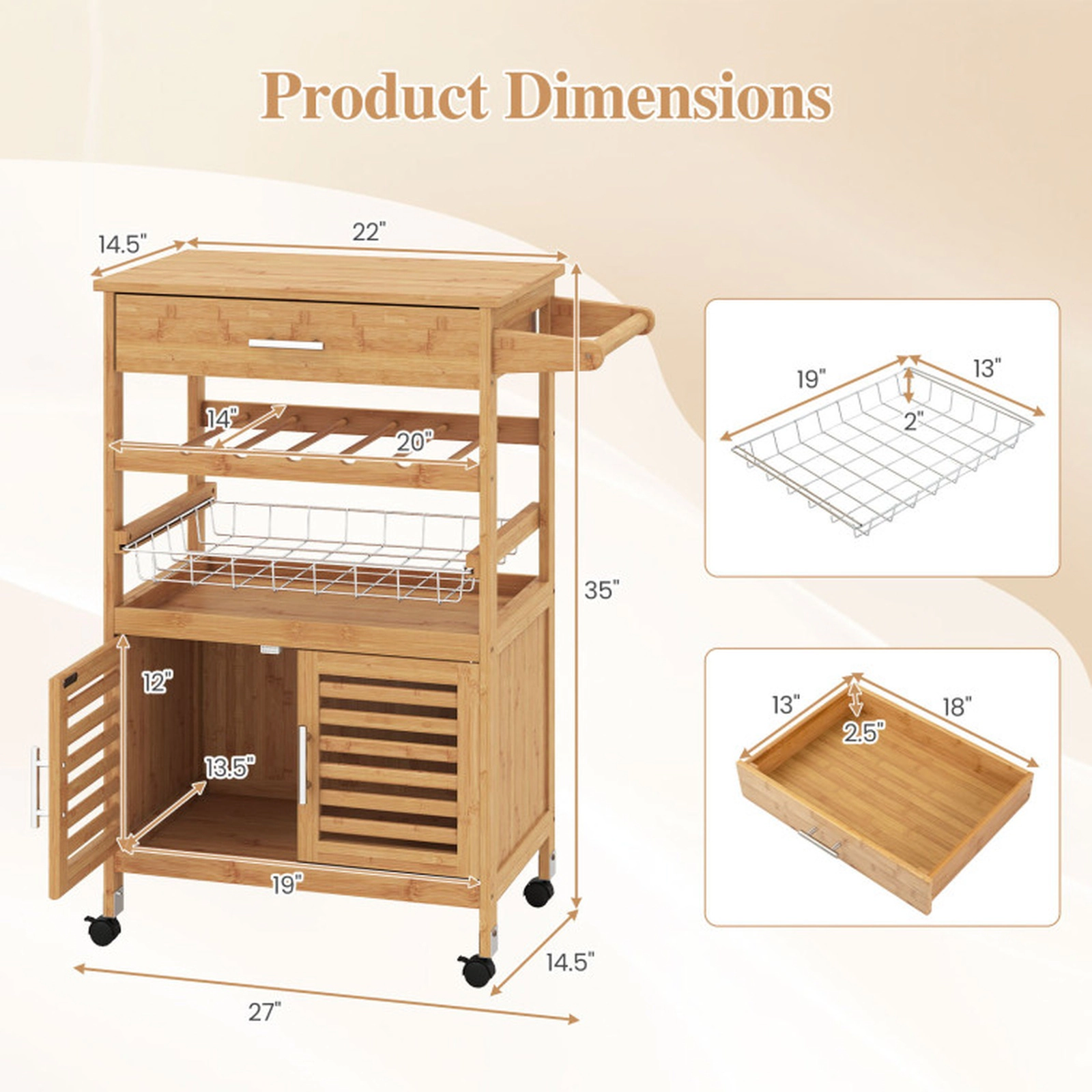 SUGIFT Bamboo Rolling Kitchen Island Trolley Cabinet Drawer Wine Rack 66-lb Top Capacity 27 x 14.5 x 35-in Natural
