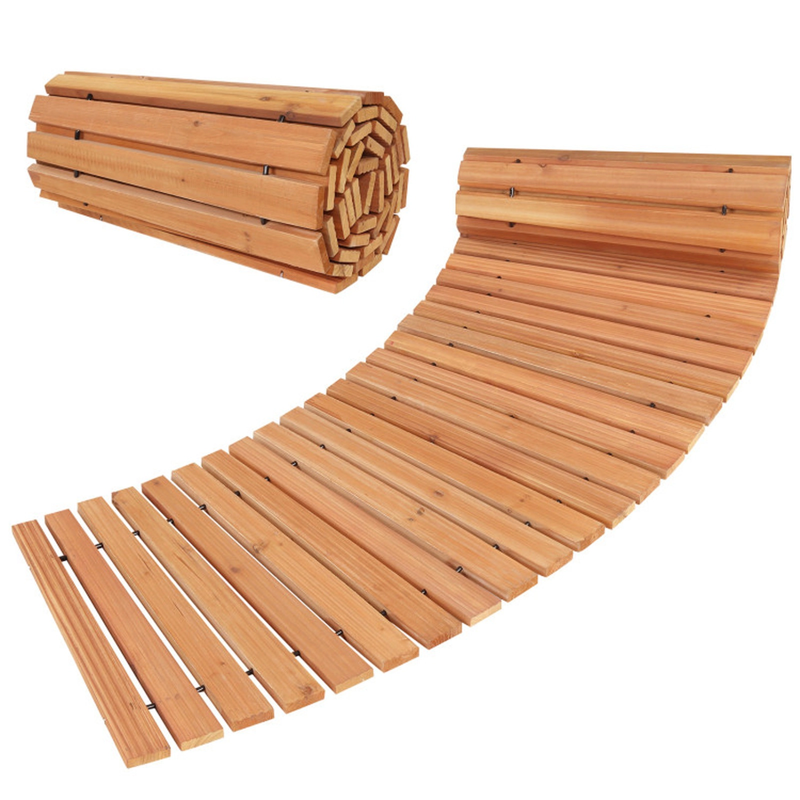SUGIFT 7-ft Natural Fir Wood Roll-Up Garden Pathway with Anti-Slip Textured Surface and 17-in Width