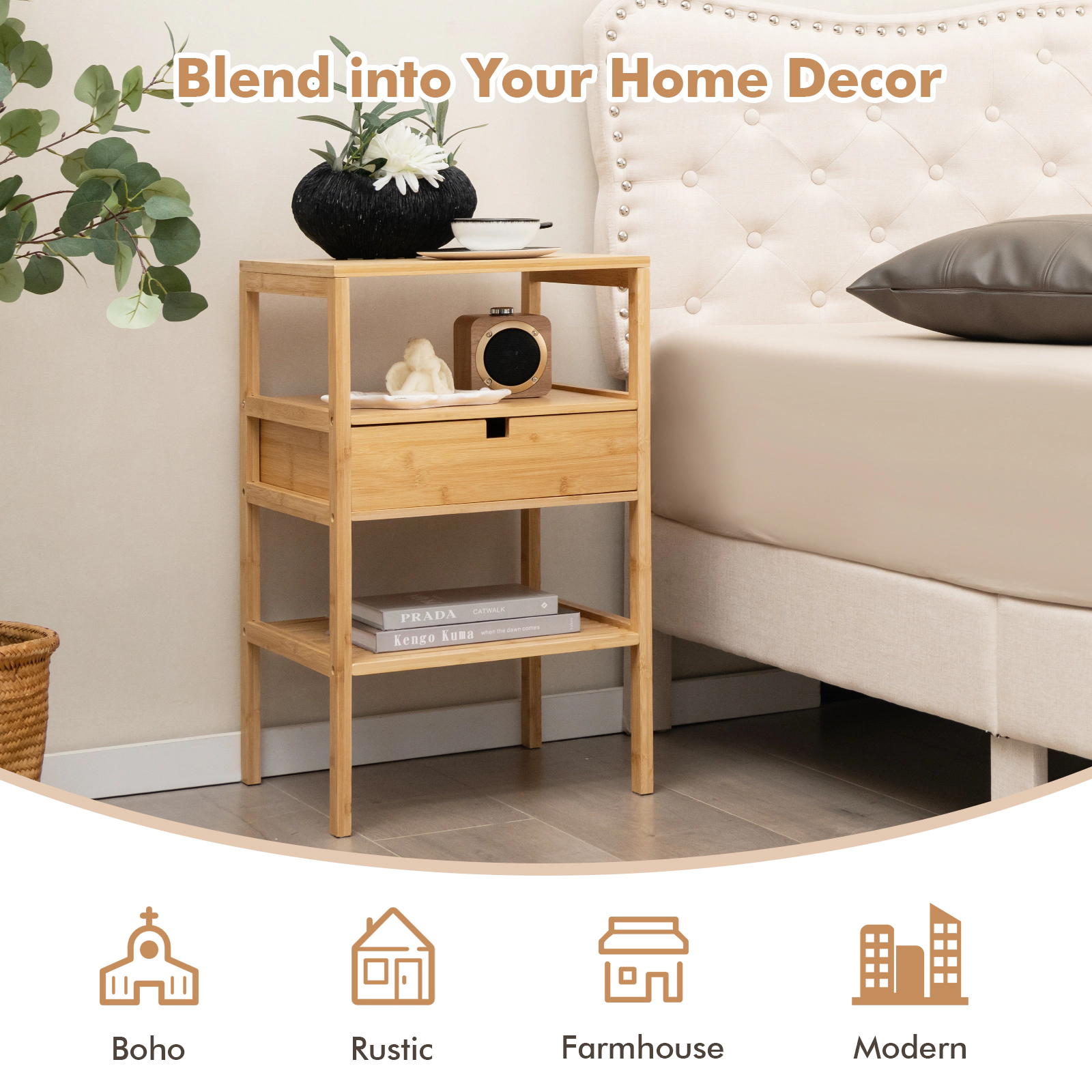 Hivvago Compact Bamboo Bedside Cabinet with Drawer and Two Open Compartments