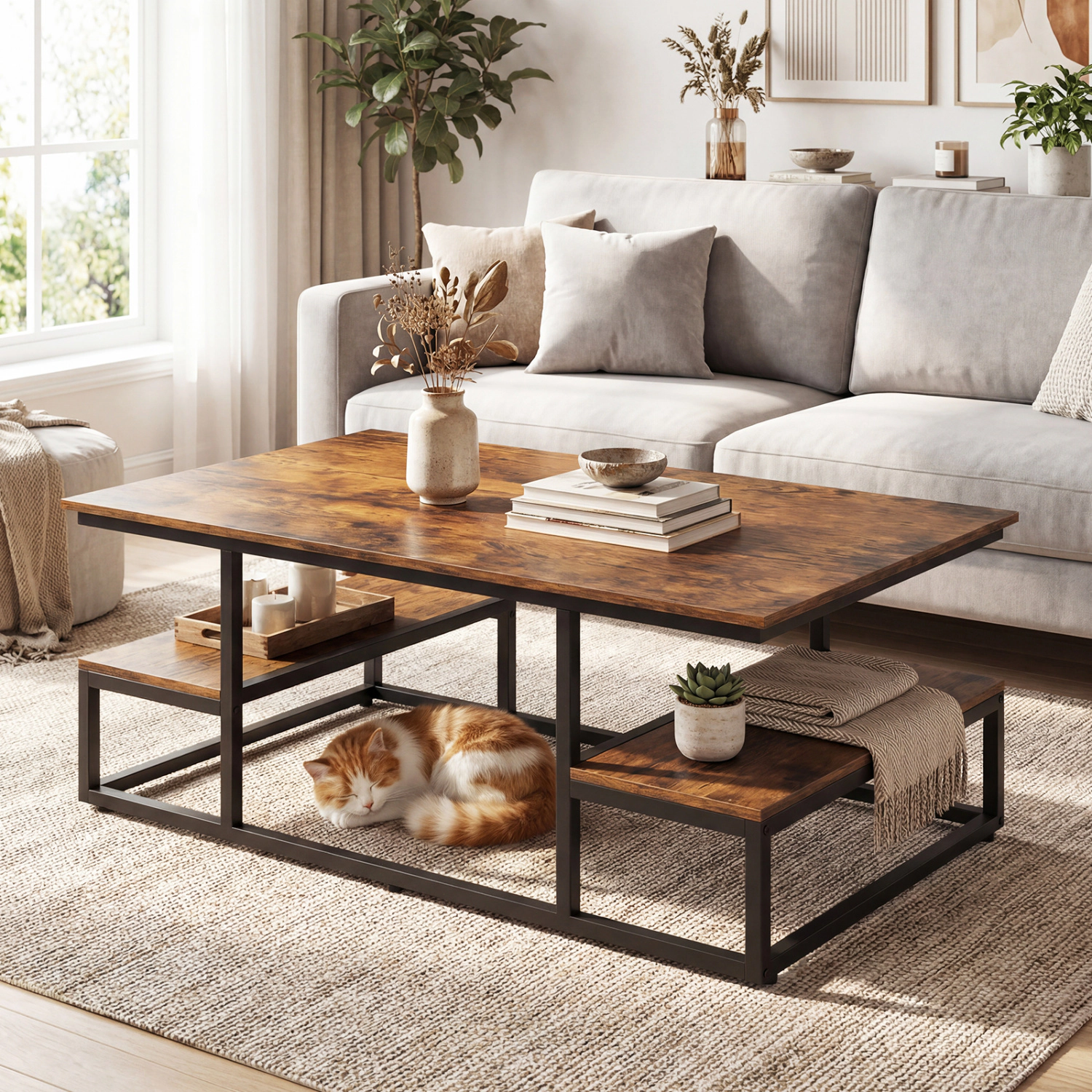 LJG 43" Rectangle Coffee Table with Storage and Open Shelves