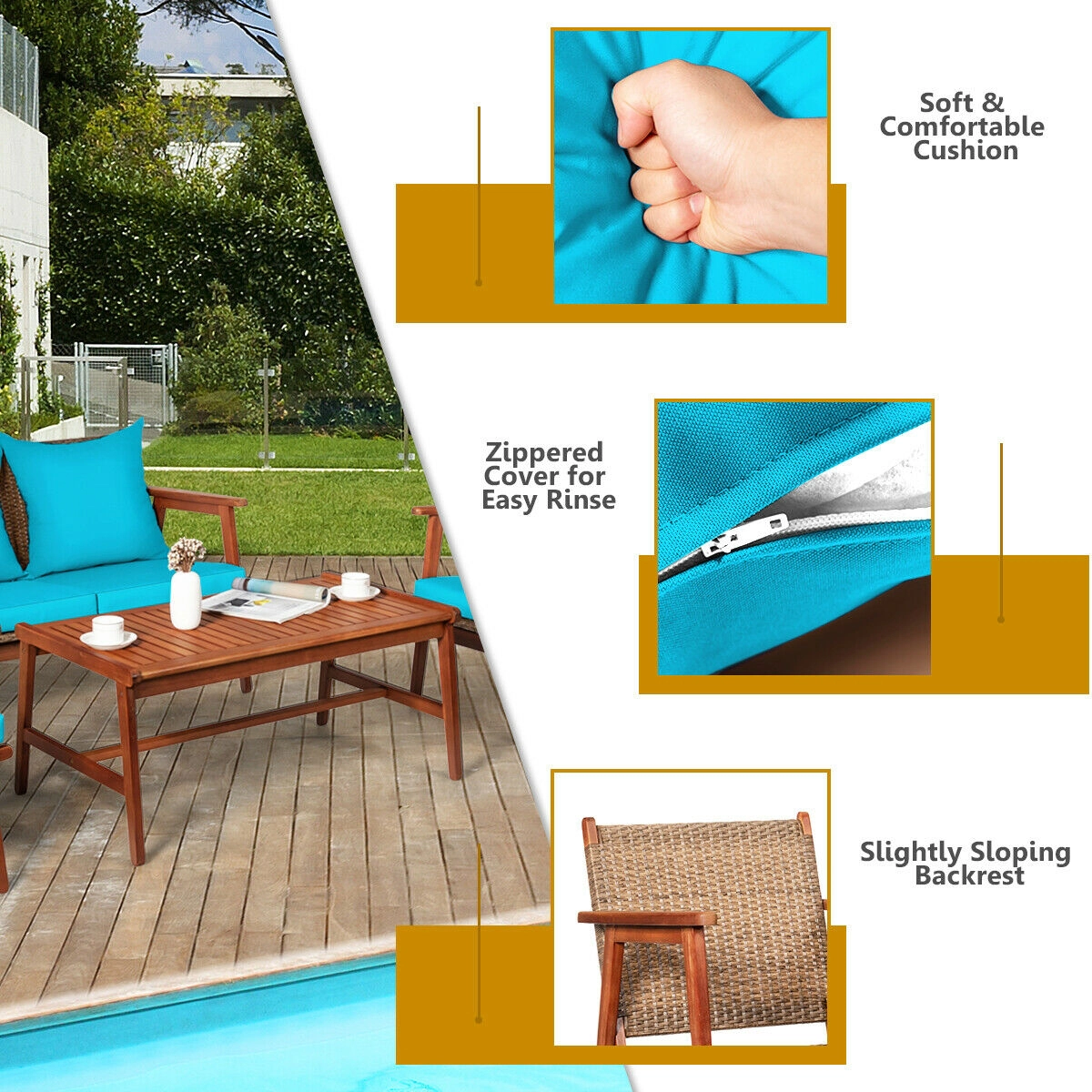 SUGIFT 4-Piece Acacia Wood Rattan Sofa Set with Coffee Table 45-in W Loveseat 710-lb Loveseat Capacity Turquoise