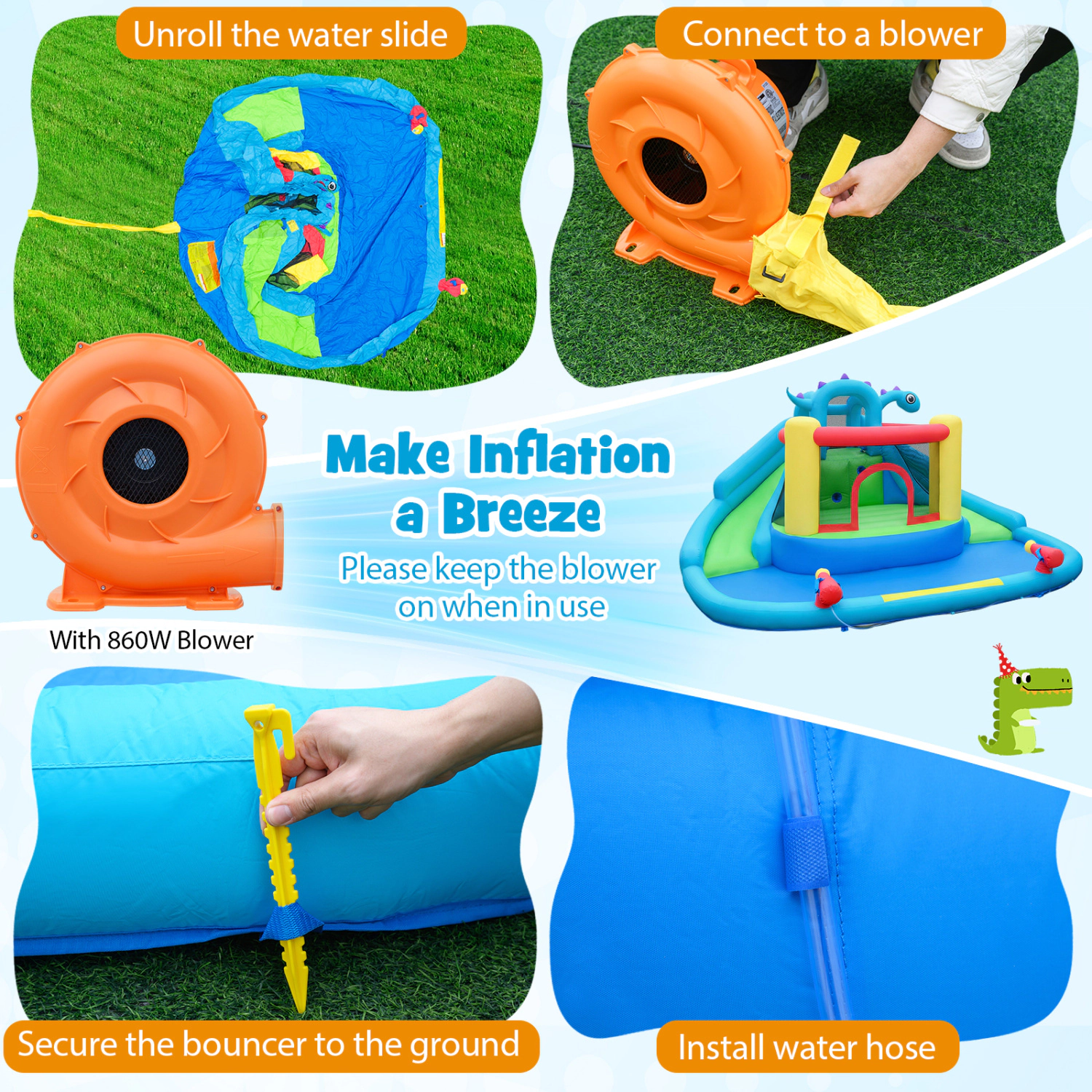 Hivvago Dinosaur-themed Kids Inflatable Bounce House Inflatable Water Slide Park