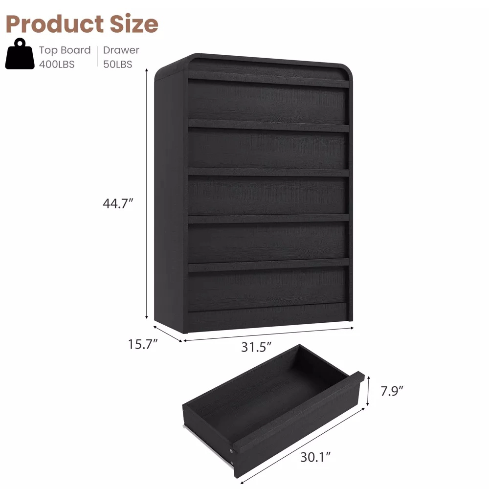 Arched 5 Drawer Wood Dresser with Curved Profile, Modern Storage Chest