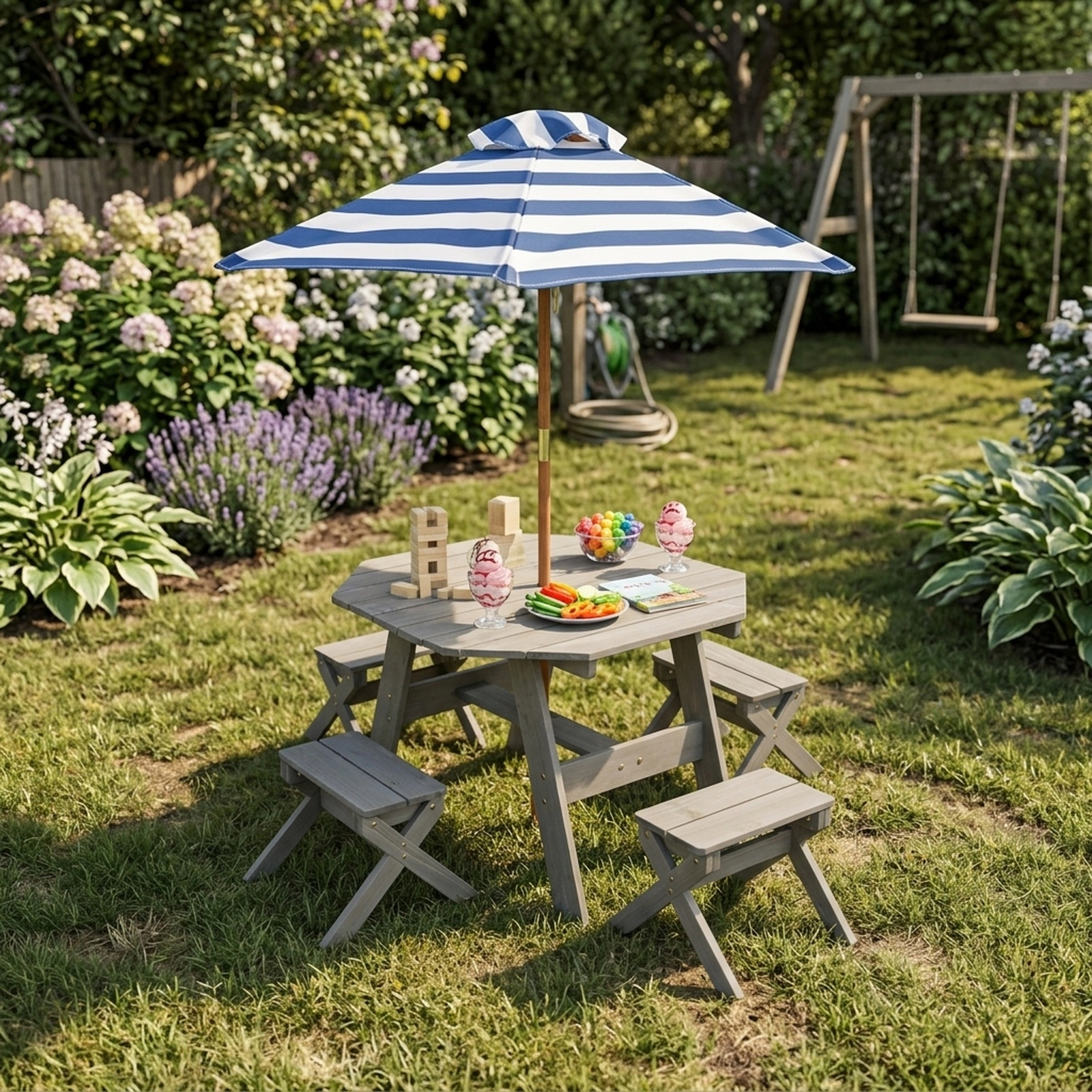 Kids Wooden Picnic Table Set with 50-in Umbrella and 4 Stools Octagonal Fir Wood Outdoor Table 220-lb Capacity Gray