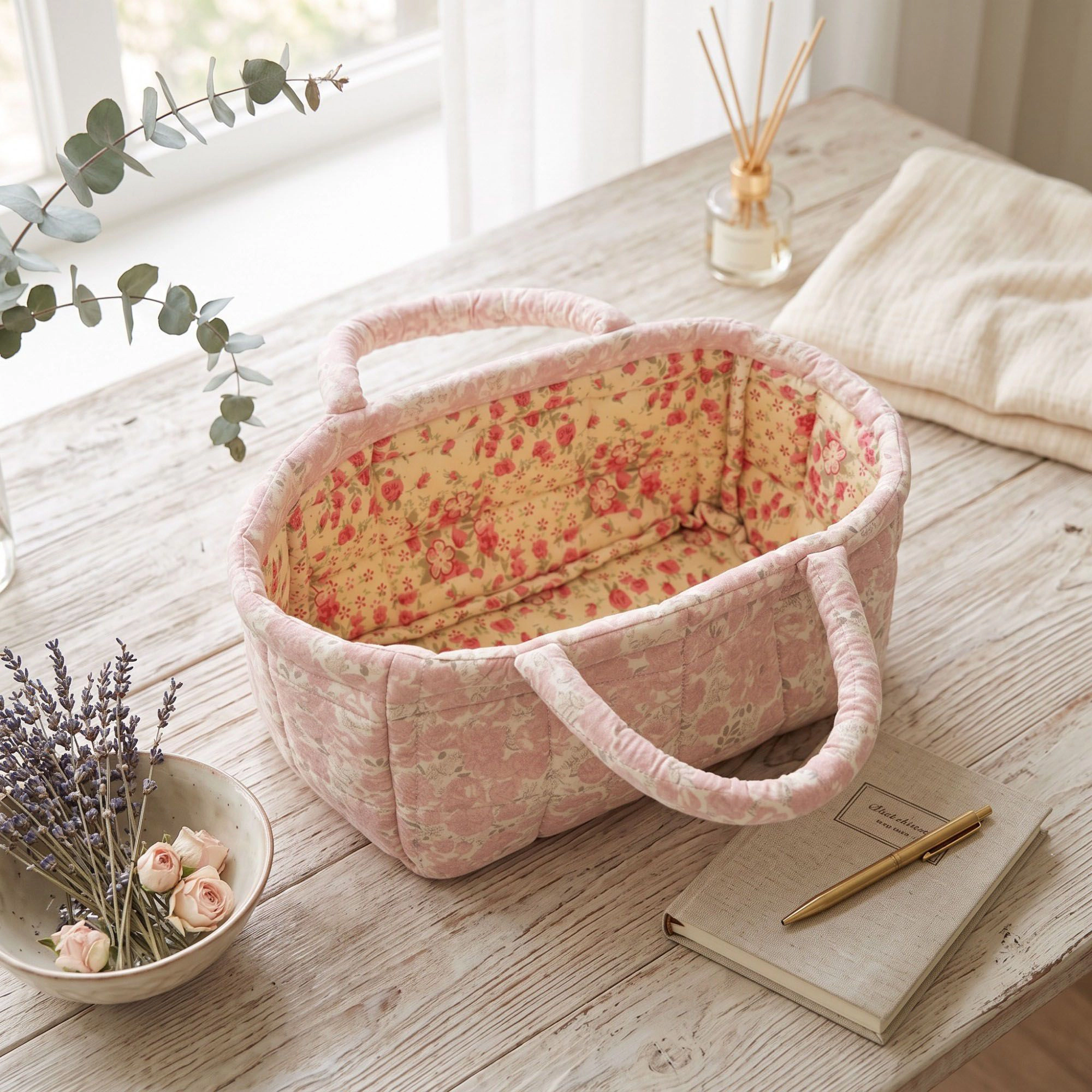 Alilang Unisex Quilted Floral Storage Basket with Handles for Home Organization