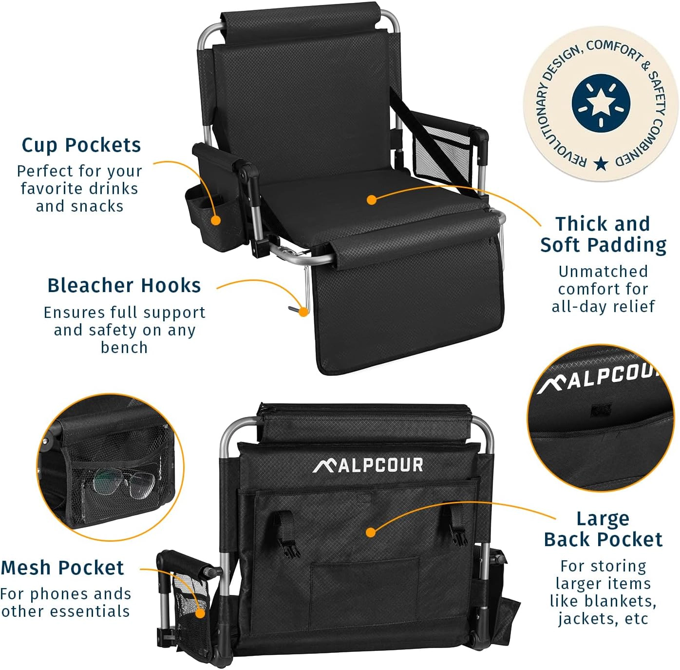 Alpcour Foldable Stadium Seat 21" - Padded Backrest and Seat, Armrests, Cup Holder, 4 Pockets