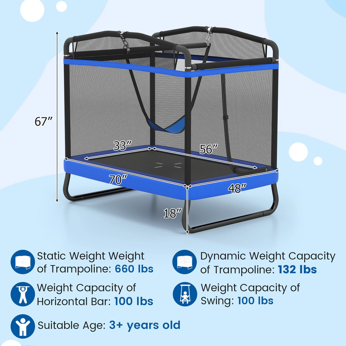 SUGIFT 6 ft Kids Rectangle Trampoline with Swing and Horizontal Bar 132-lb Trampoline Capacity Ages 3+ Blue/Pink