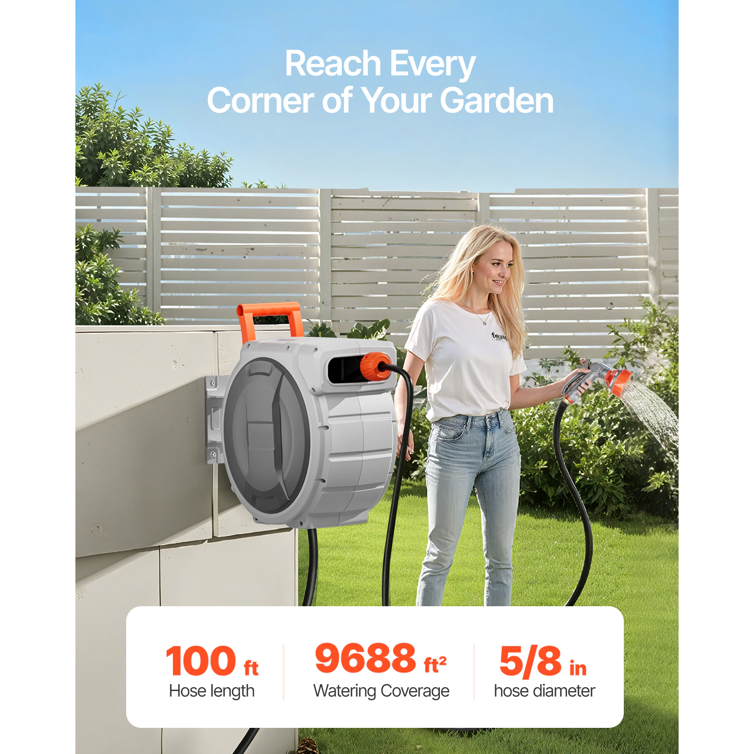 HONGGE Retractable Garden Hose Reel, 5/8 in x 100 ft, Wall-Mounted, 9-Pattern Nozzle, Slow Rewind, 180 Swivel Bracket
