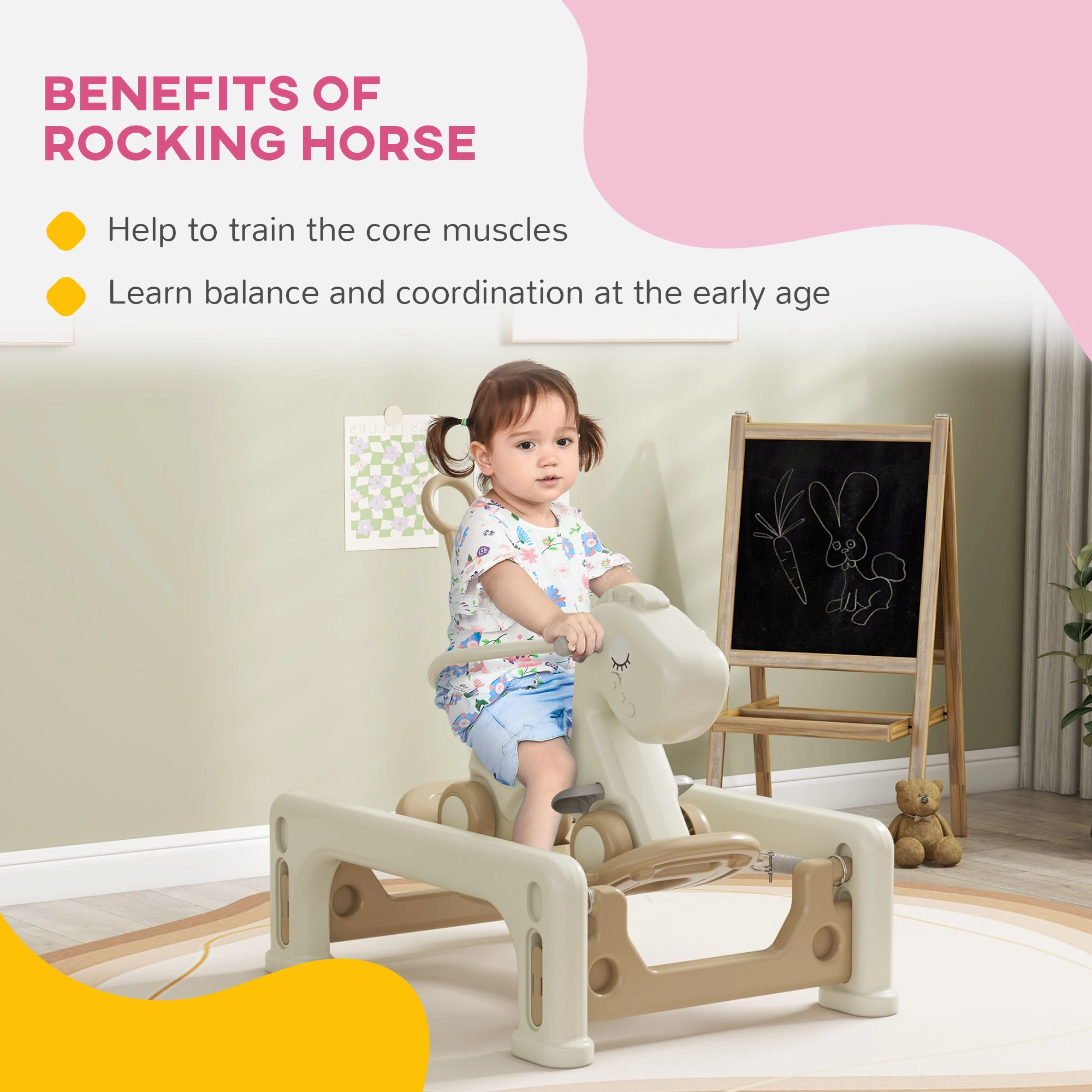 HONGGE 5-in-1 Ride-On Rocking Horse for Toddlers 1-3 Years, Detachable Balance Board & Push Handle, Cream White
