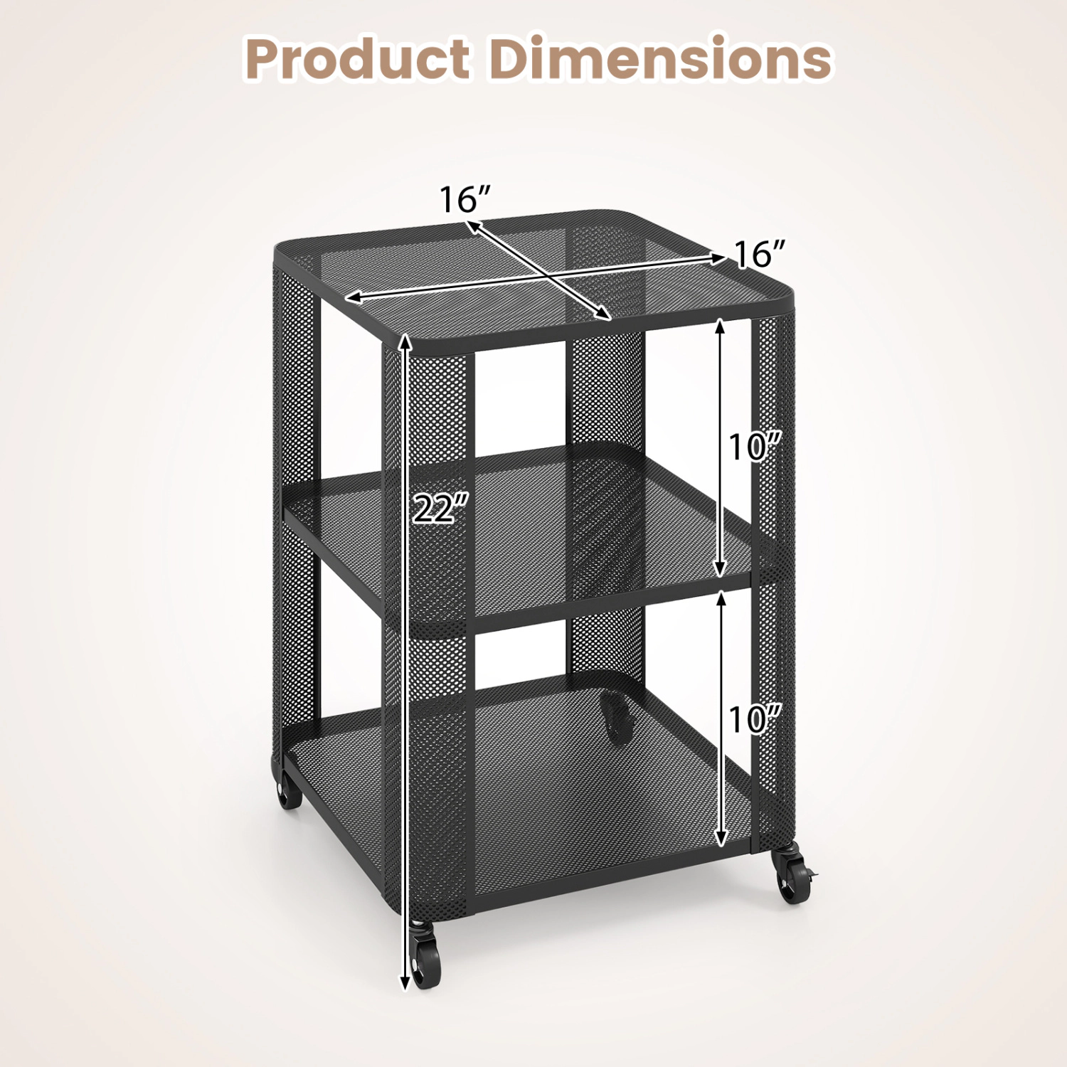 Glintex 2-Piece All-Metal 3-Tier Rolling Side Table Set with Mesh Shelves, Black