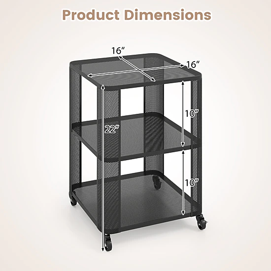 Glintex 2-Piece All-Metal 3-Tier Rolling Side Table Set with Mesh Shelves, Black