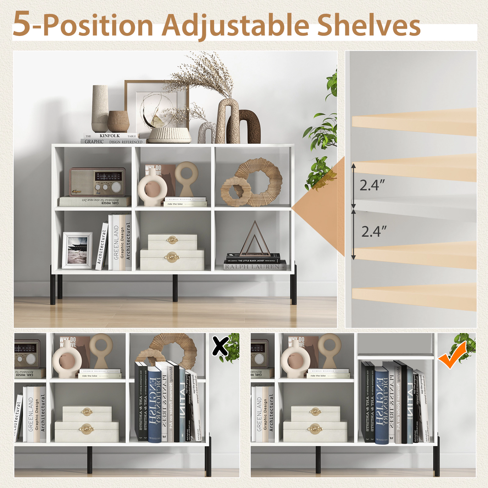 SUGIFT 3-Tier White Open-Back Low Bookshelf with 2 Adjustable Shelves and 135-lb Tabletop for Study