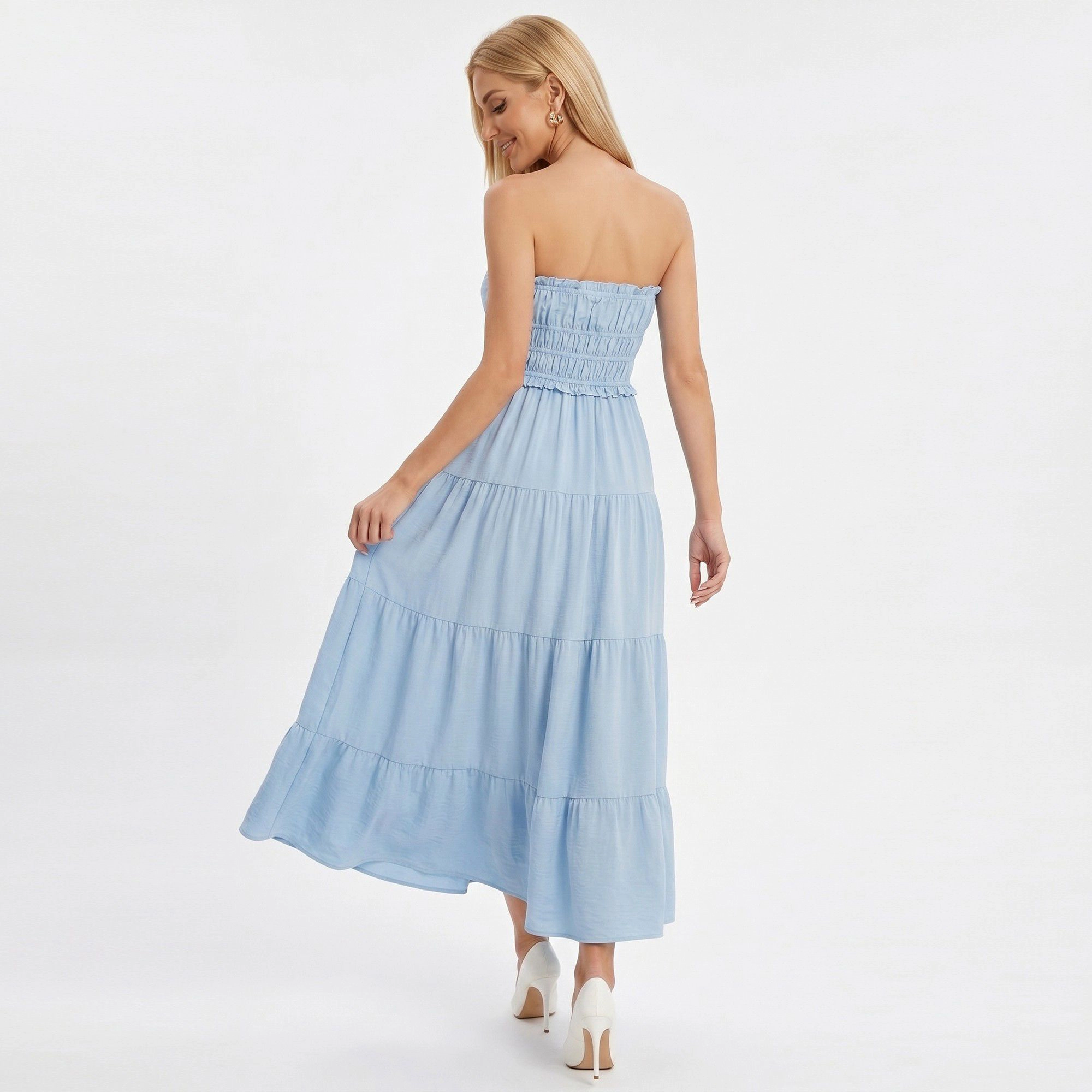 Anna-Kaci Women’s Strapless Smocked Maxi Dress with Tiered Skirt and Ruffle Trim