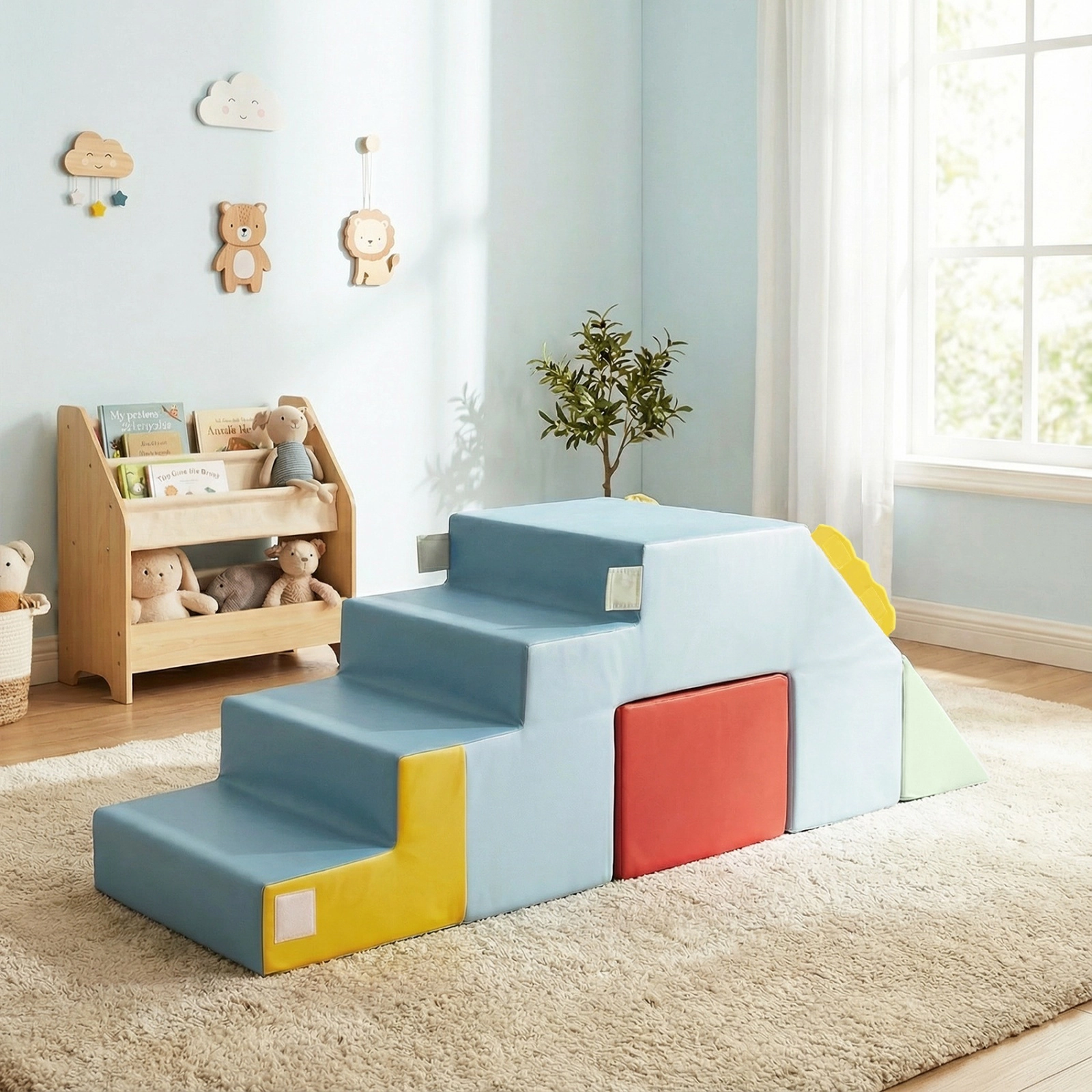 Kids Soft Foam Play Blocks Convertible Slide Crawl Tunnel Table Chair Set Machine-Washable Velvet Covers Ages 1+ Blue
