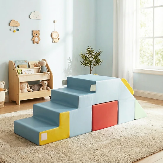 Kids Soft Foam Play Blocks Convertible Slide Crawl Tunnel Table Chair Set Machine-Washable Velvet Covers Ages 1+ Blue