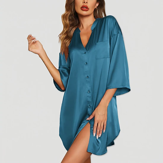 Ekouaer Women's Satin V Neck Half Sleeve Button Down Shirt Dress
