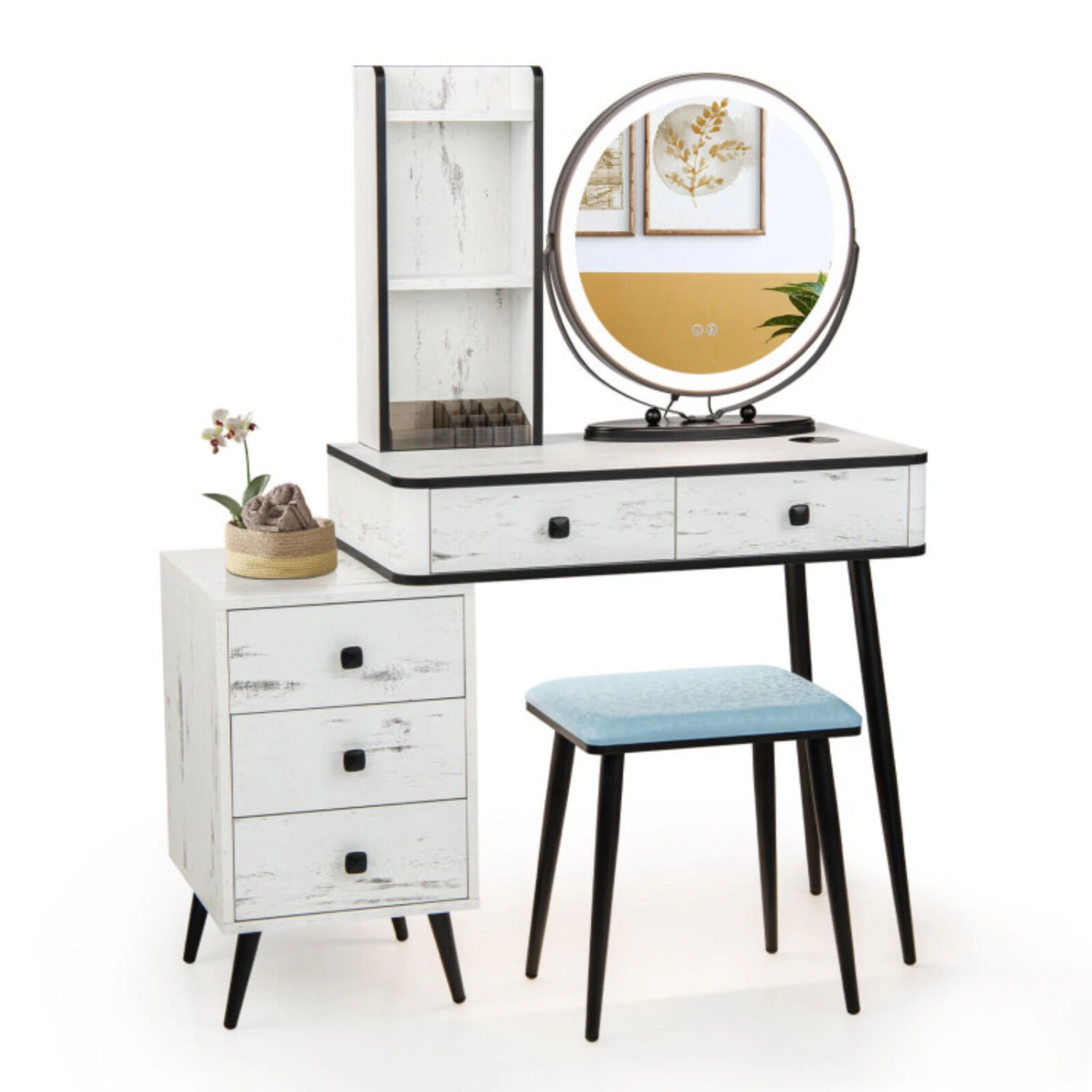Hivvago Vanity Table Set With 3-Color Lighted Mirror And Cushioned Stool-White