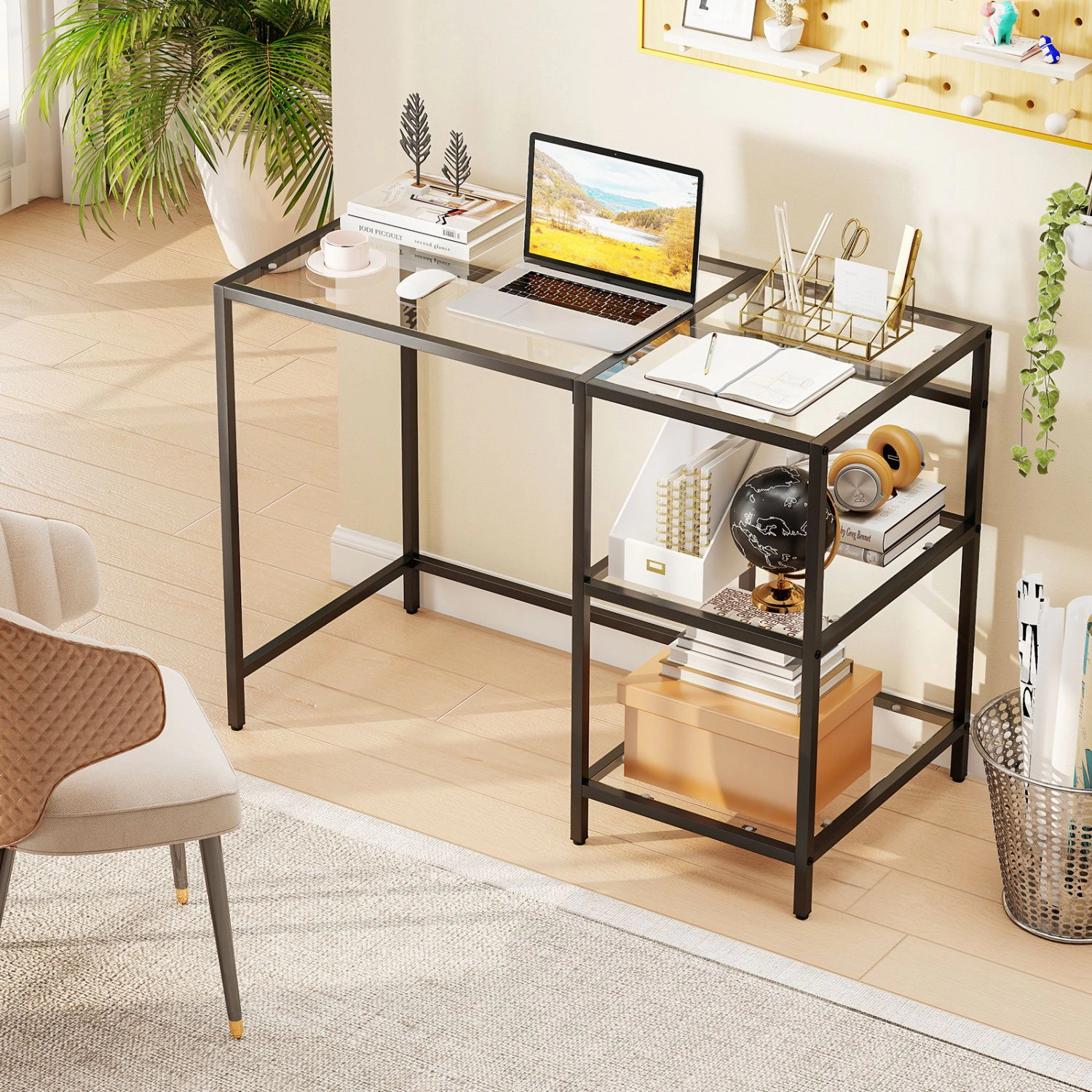 SlickBlue 42 Inch Glass Console Table with 2 Tier Storage Shelves