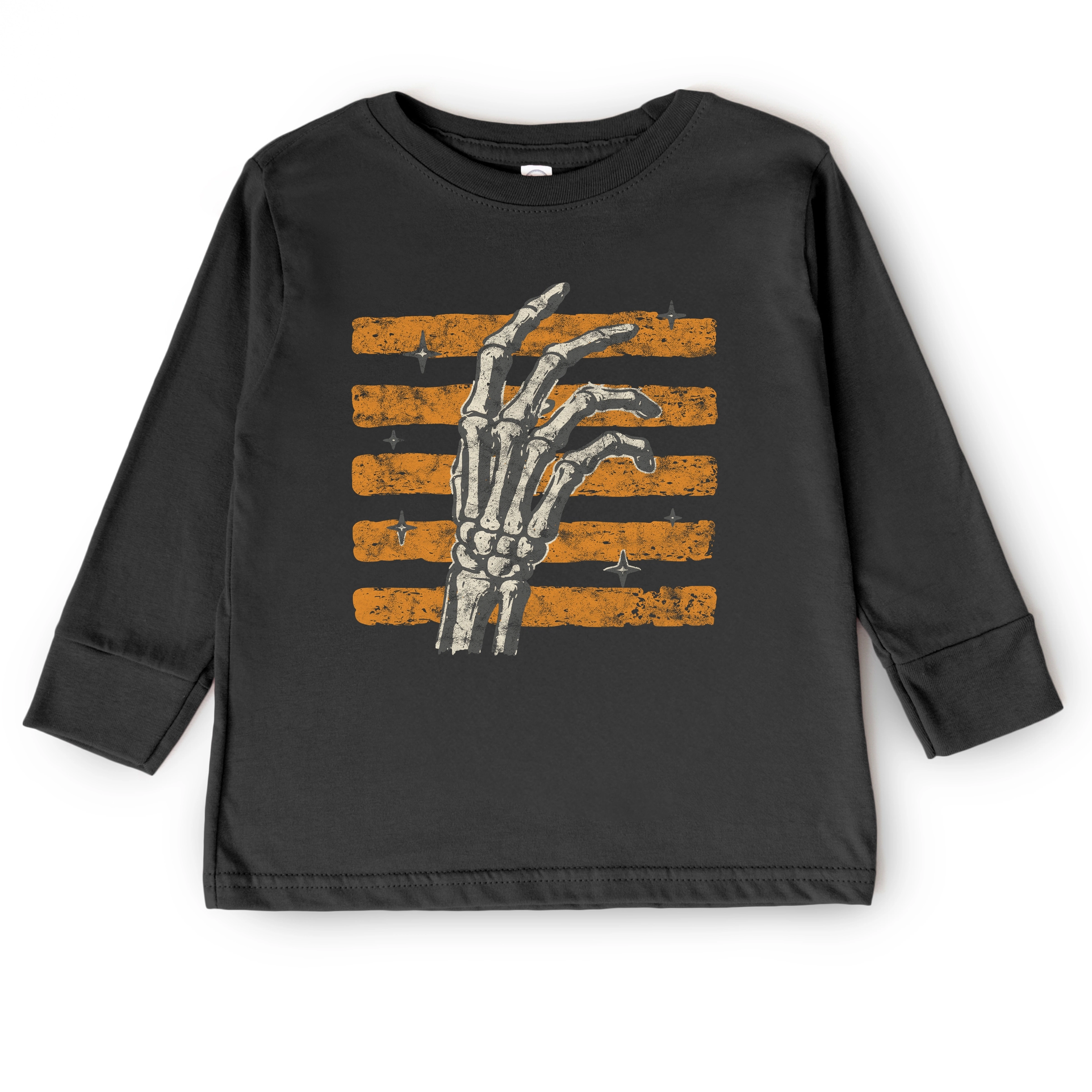 The Juniper Shop - Toddler Long Sleeve Graphic Tee Skeleton Hand Orange Stripes