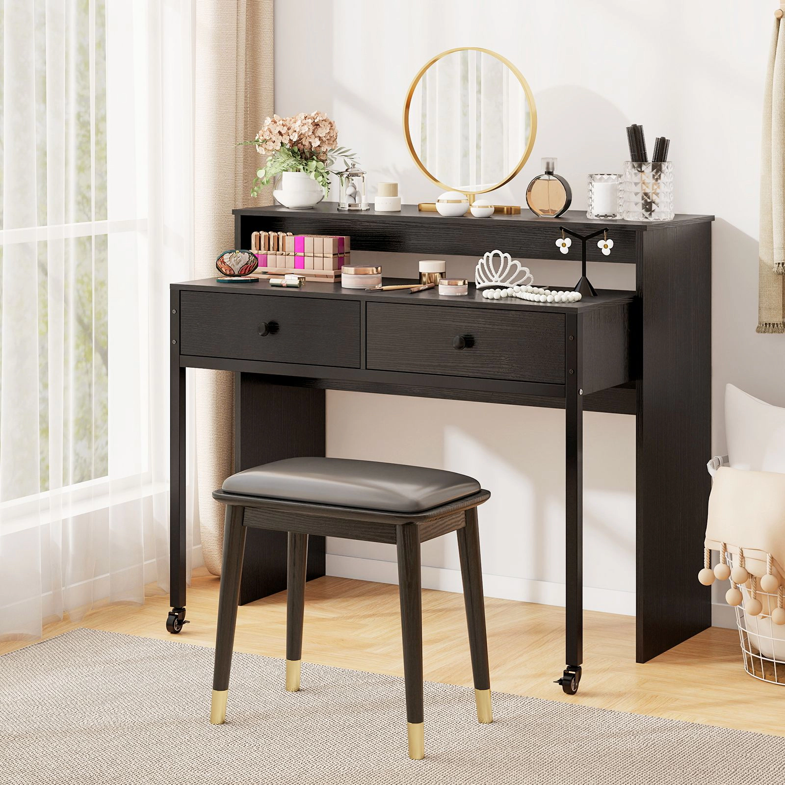 SlickBlue Extendable Computer Desk with 2 Drawers and Monitor Shelf