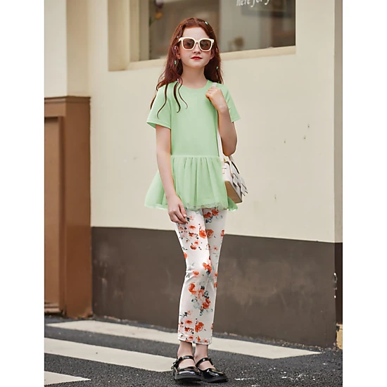 Arshiner Girls Clothing Sets Casual Piece Outfits Short Sleeve Crewneck Mesh Hem Tops And Long
