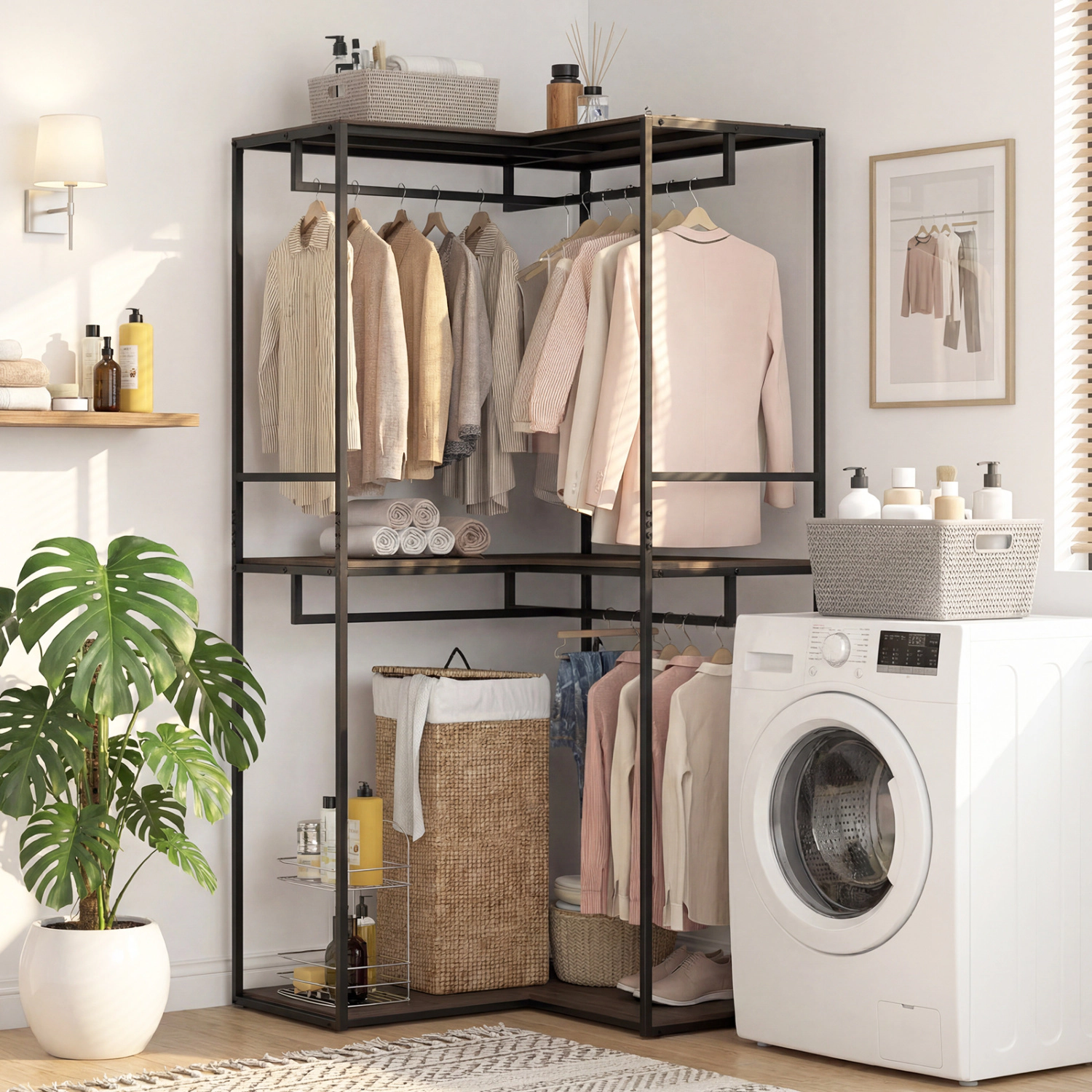 SUGIFT 3-Tier 79-in 375-lb Capacity Black Brown Heavy Duty Clothes Rack with 3 Shelves and 2 Hanging Racks