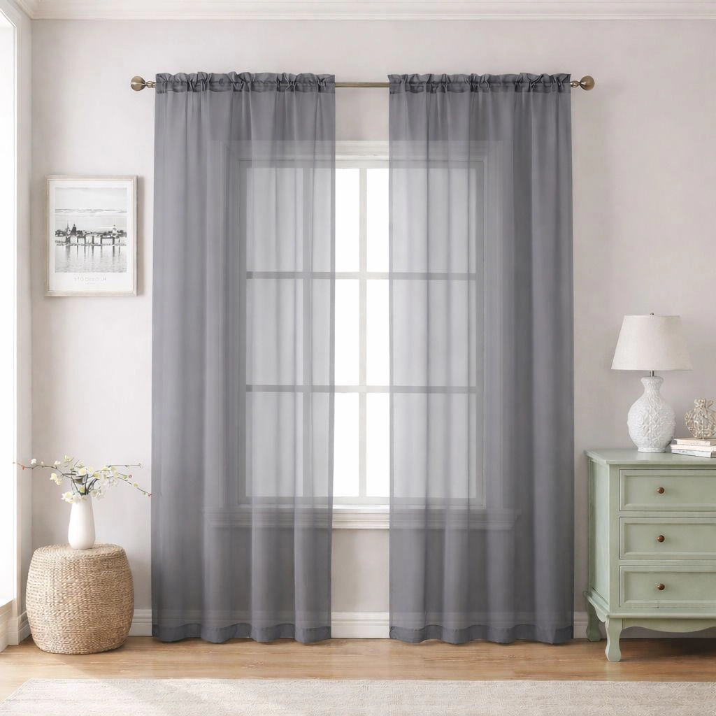 Kate Aurora 2 Piece For Extra Long Windows Rod Pocket Gray Rod Pocket Sheer Curtain Panels - 95 in. Long