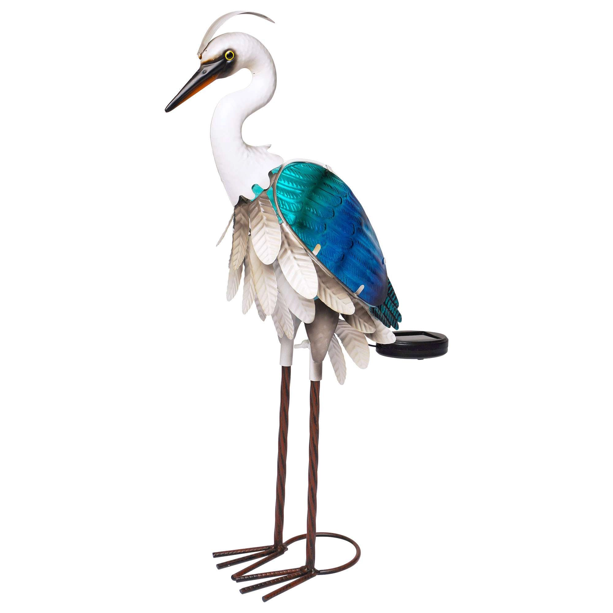 G128 Solar Metal Heron Garden Statue 24in - Blue Coastal Bird Outdoor Decor with Warm LED Lighting