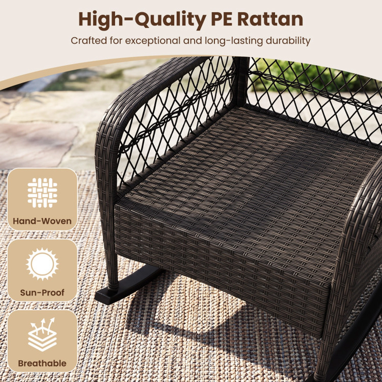 SUGIFT Outdoor Wicker Rocking Chair with Anti-Tip Stoppers 400-lb Capacity 22-lb Frame for Porch Deck Patio Brown
