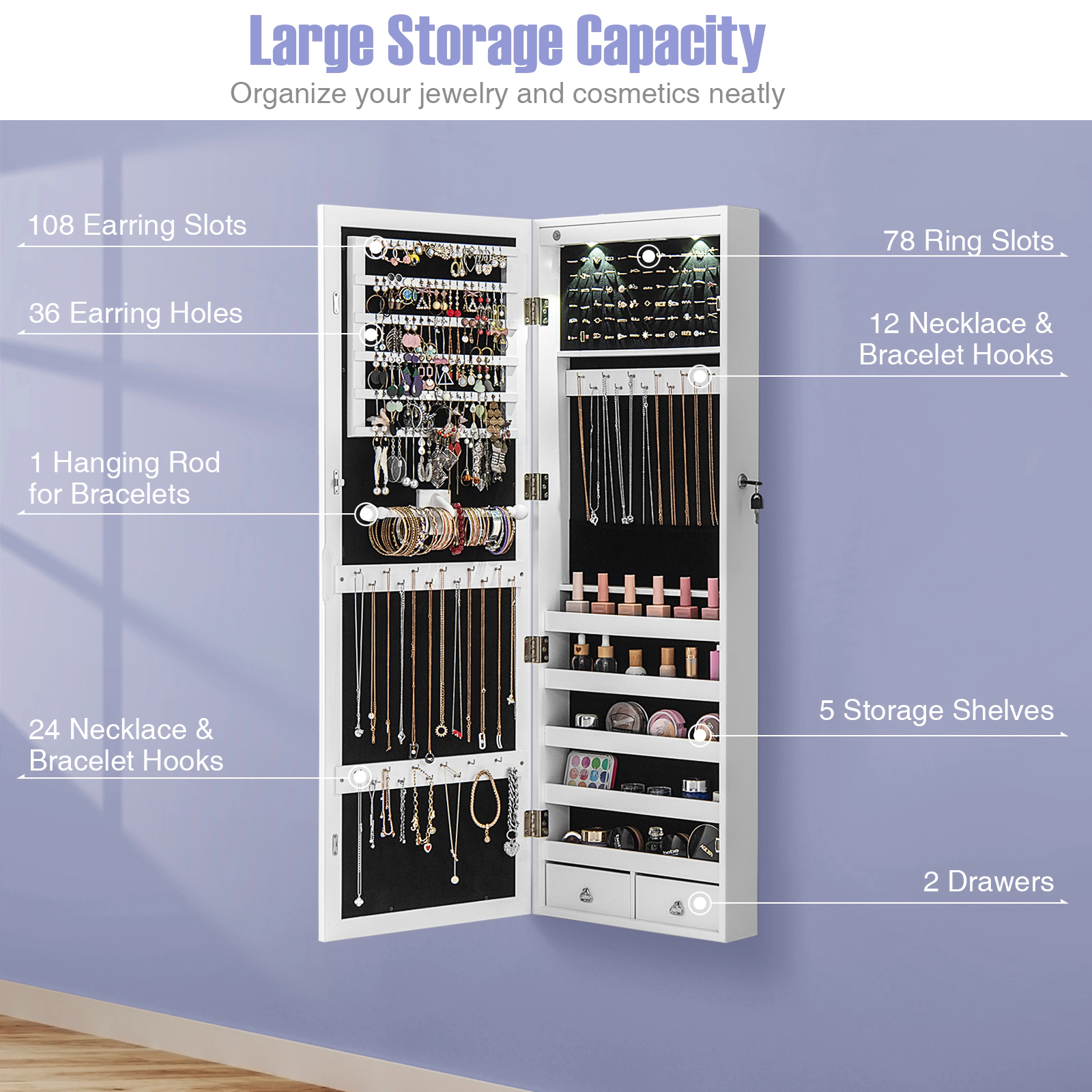 Slickblue Full Length Mirror Jewelry Organizer Cabinet 43in White MDF LED Light Storage Box
