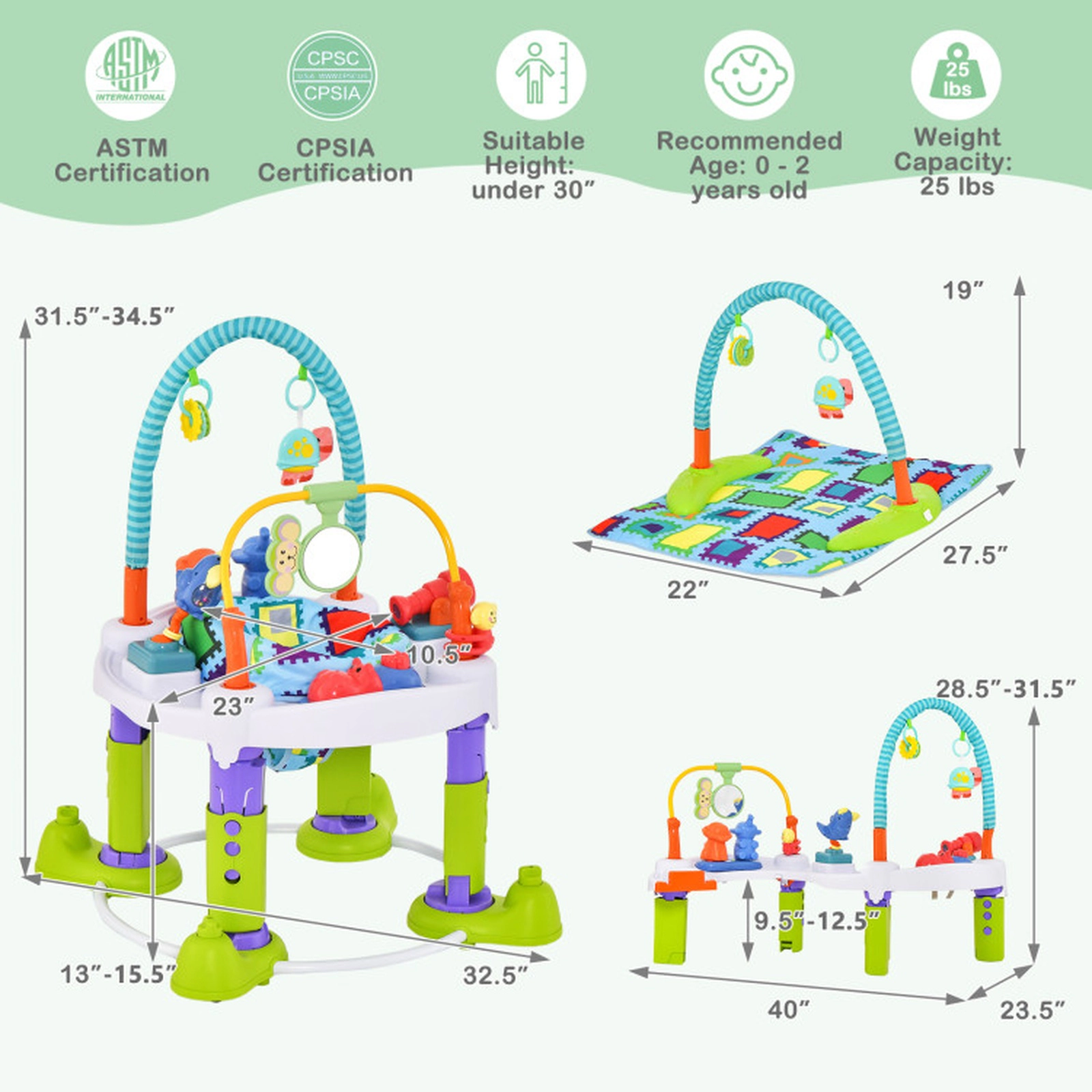 SUGIFT Baby Green 4-in-1 Bouncer Activity Center with 3 Heights and Play Mat 32.5-in Dia 25-lb Seat Capacity
