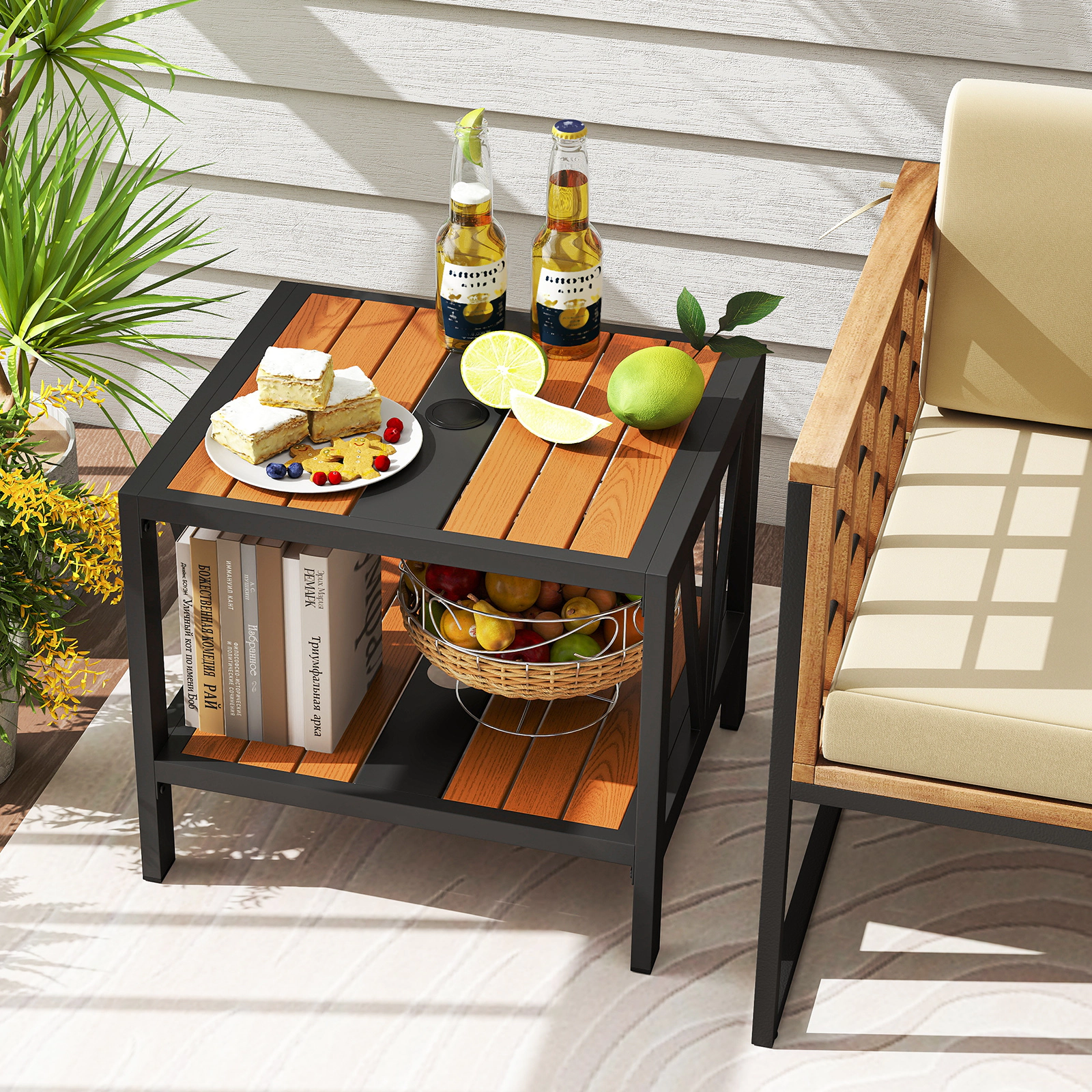 SUGIFT Outdoor Metal Side Table with Storage Shelf and Umbrella Hole 110-lb Tabletop Capacity Black and Natural