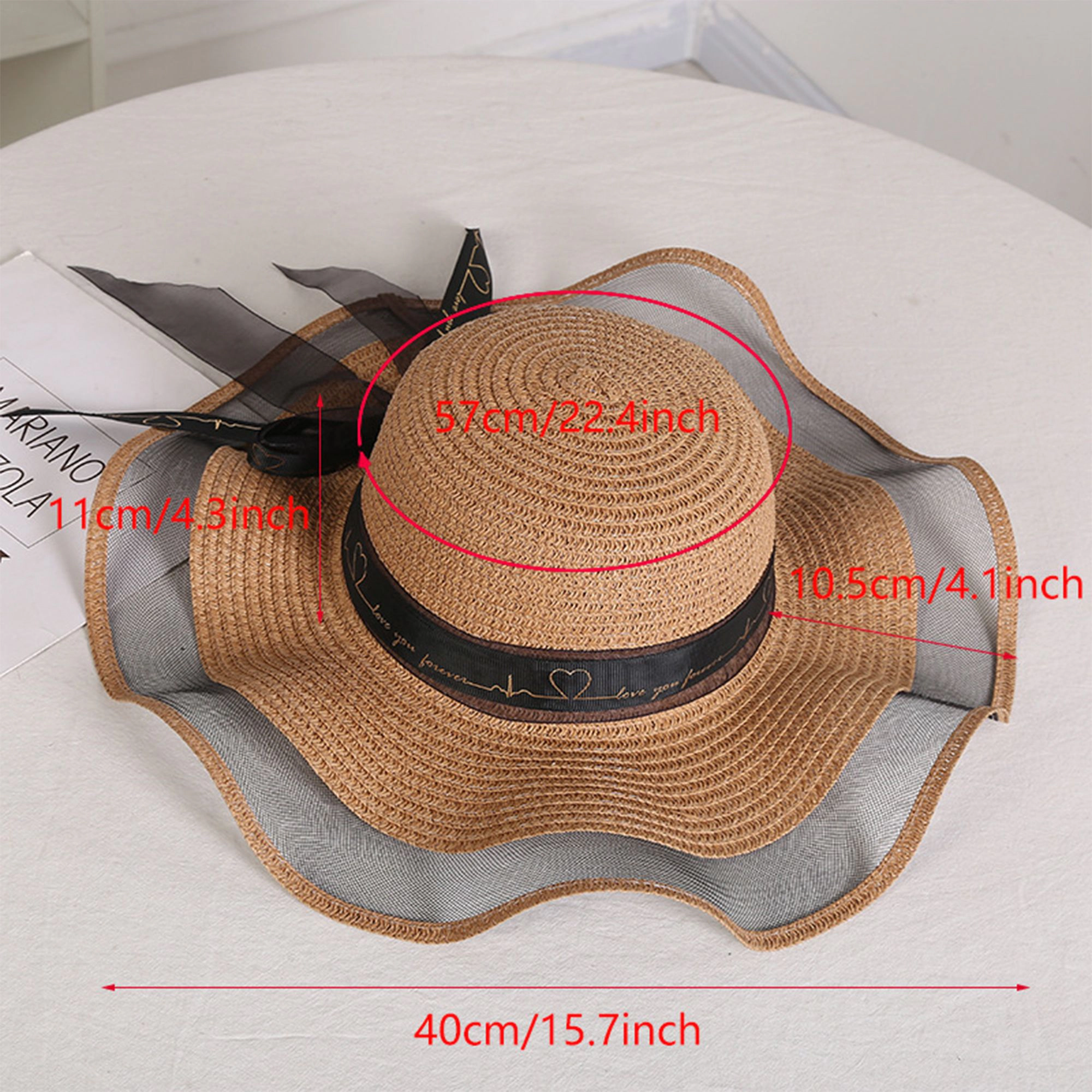 Anna-Kaci Women's Wide Brim Straw Sun Hat Sheer Mesh Trim Bow Ribbon Summer Beach Elegant Style