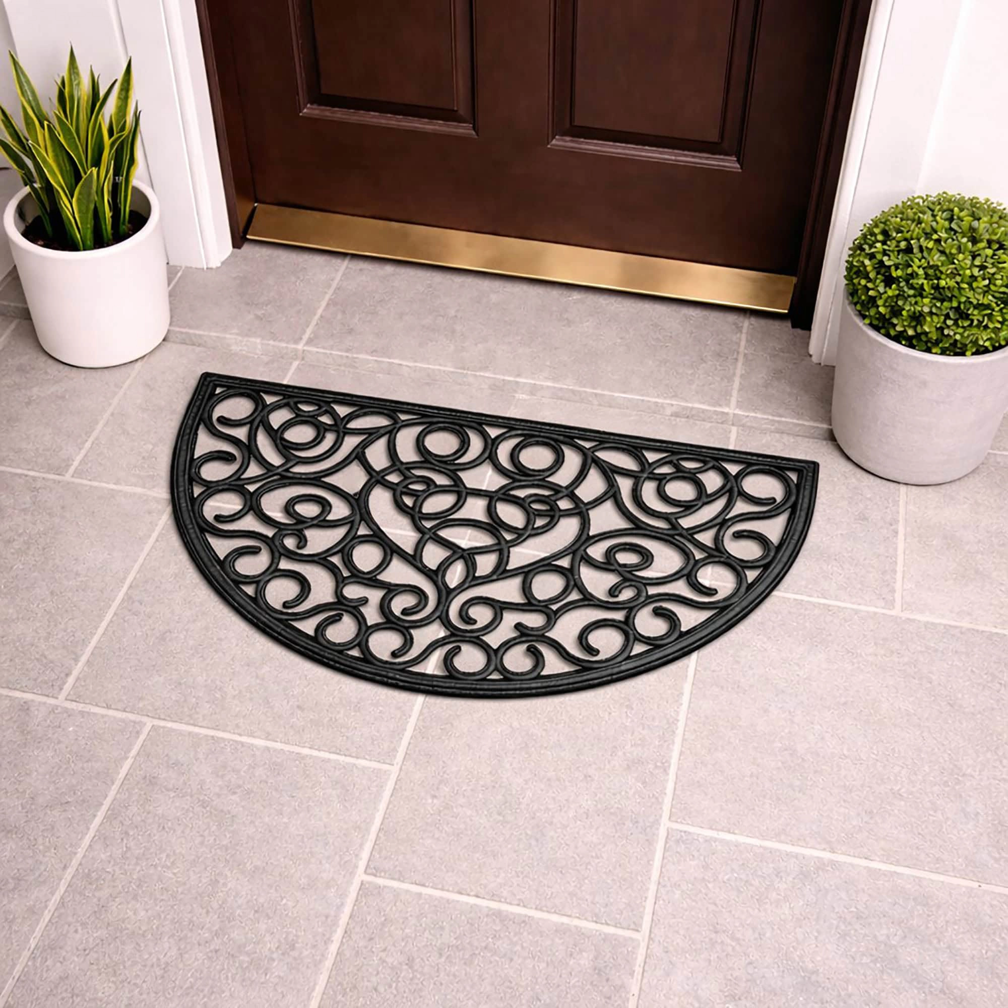 Evideco French Home Goods Black Half Round Scroll Rubber Doormat 30 x 18 Inches