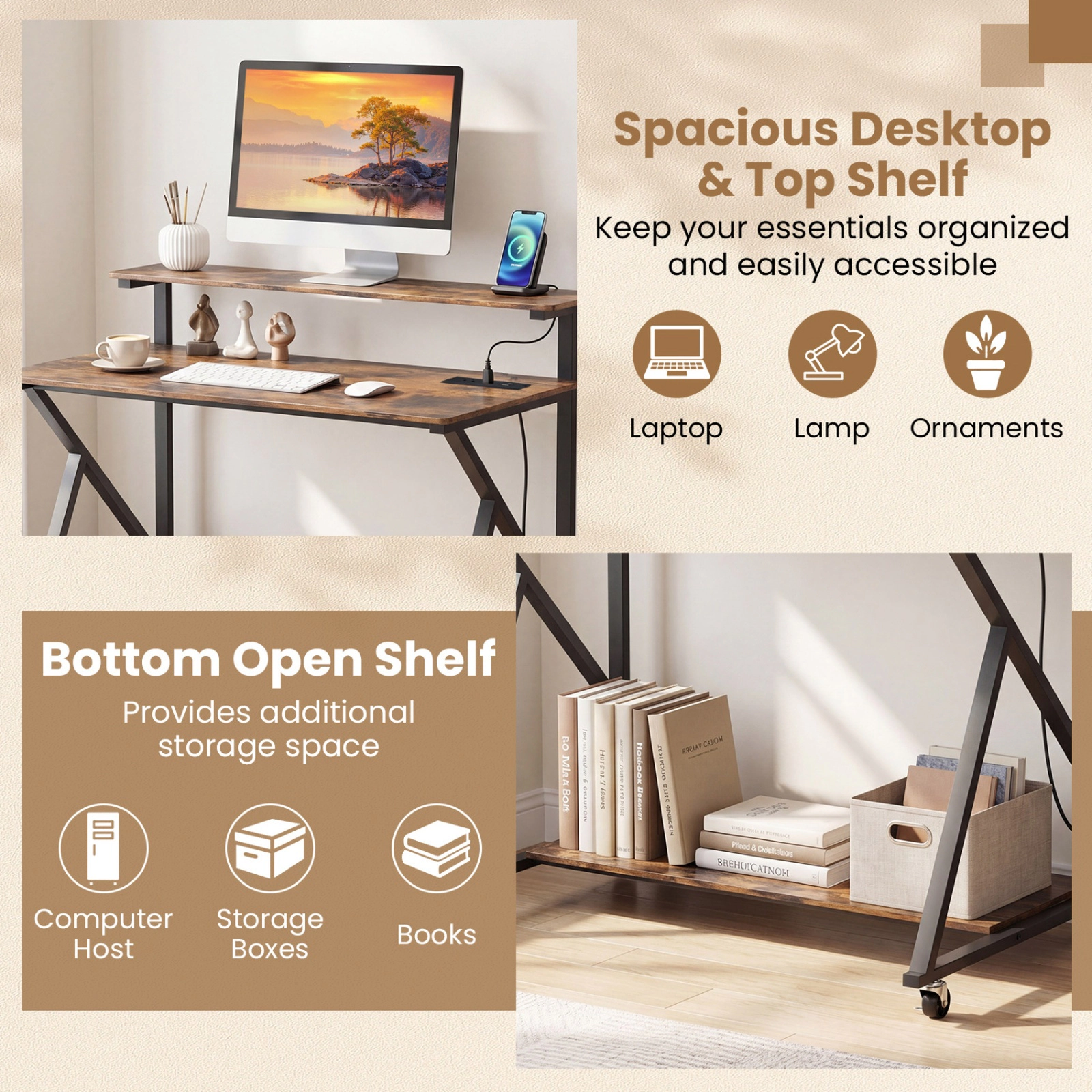 SUGIFT 39.5 in Rolling Computer Desk Rustic Brown with Charging Station and Monitor Shelf