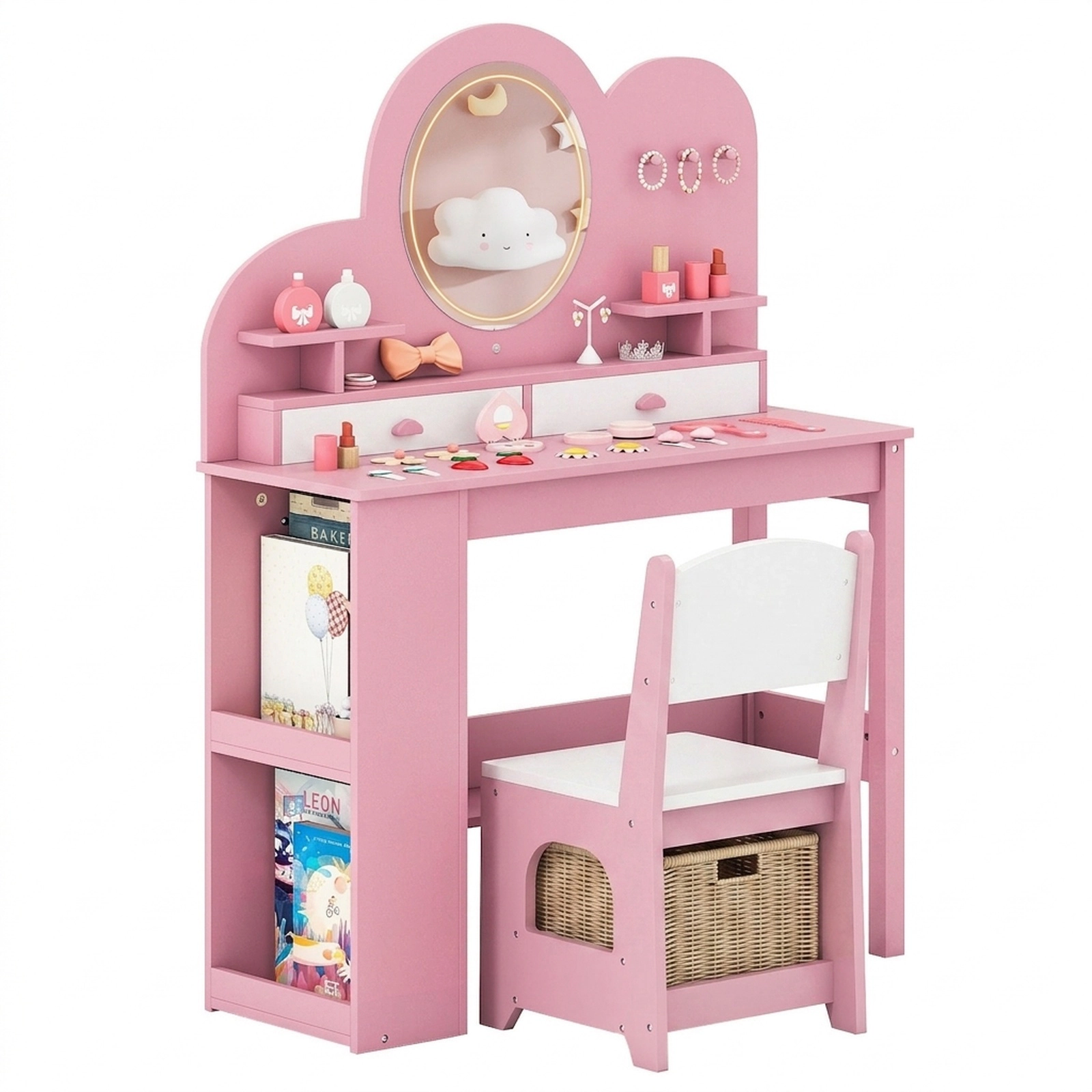 SUGIFT Kids Vanity with Lighted Mirror Princess Vanity Table and Chair Set 45-lb Tabletop Capacity Ages 3+ Pink/White