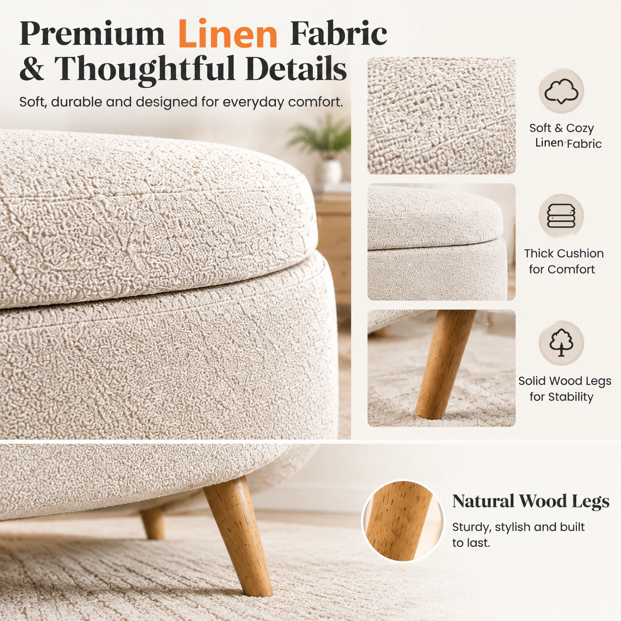 RENDGO 43.5 in Storage Ottoman Bench for Bedroom Living Room Window Beige with Safety Hinge Bed End Bench