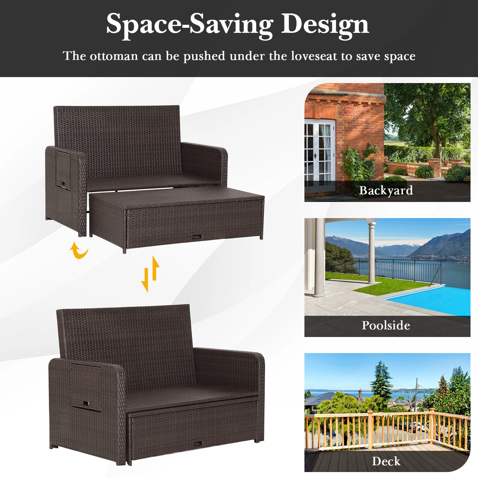 SUGIFT Black 4-Level Adjustable Backrest and Retractable Side Tray Patio Rattan Daybed
