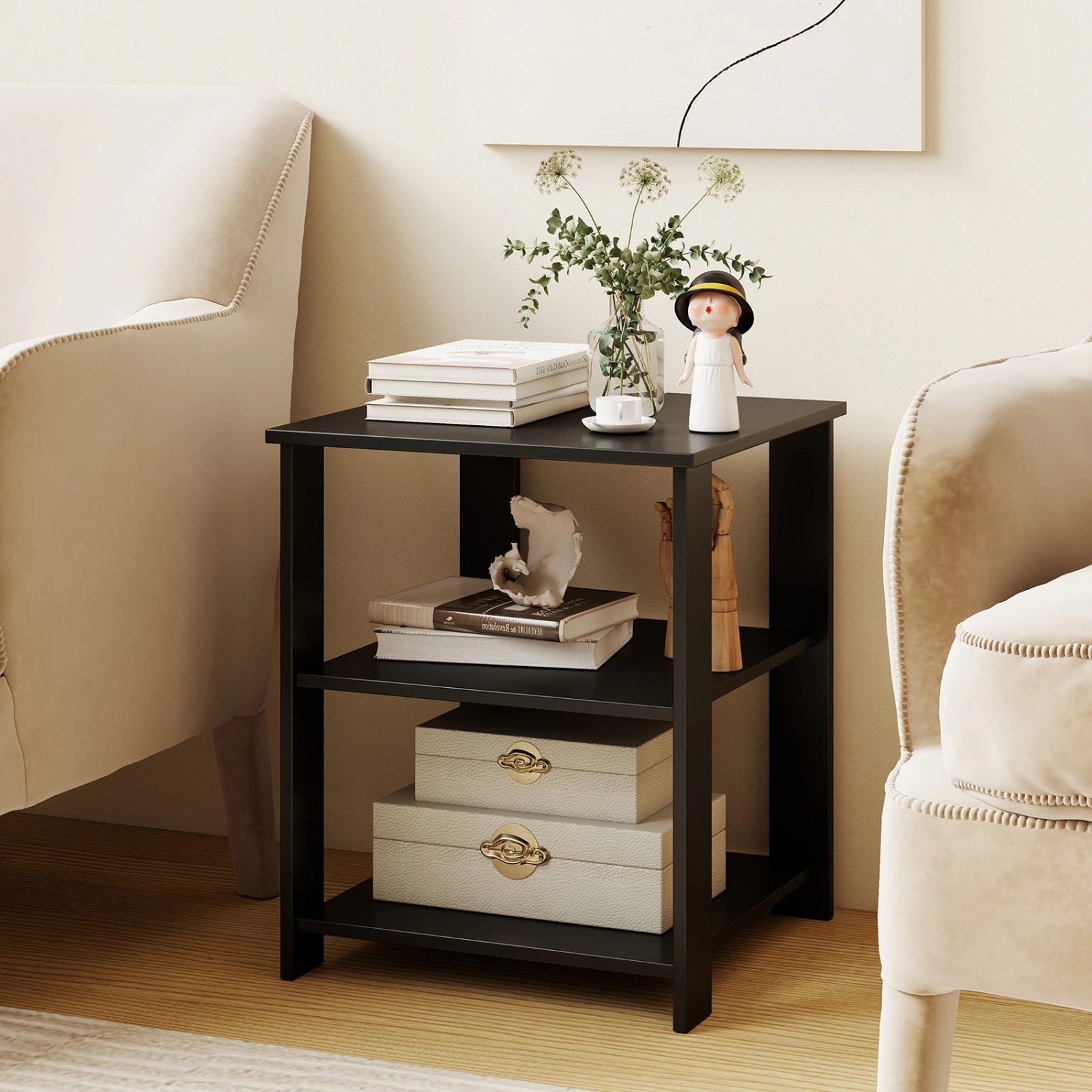 SUGIFT Black 16-Inch Square 3-Tier Nightstand with Open Shelves