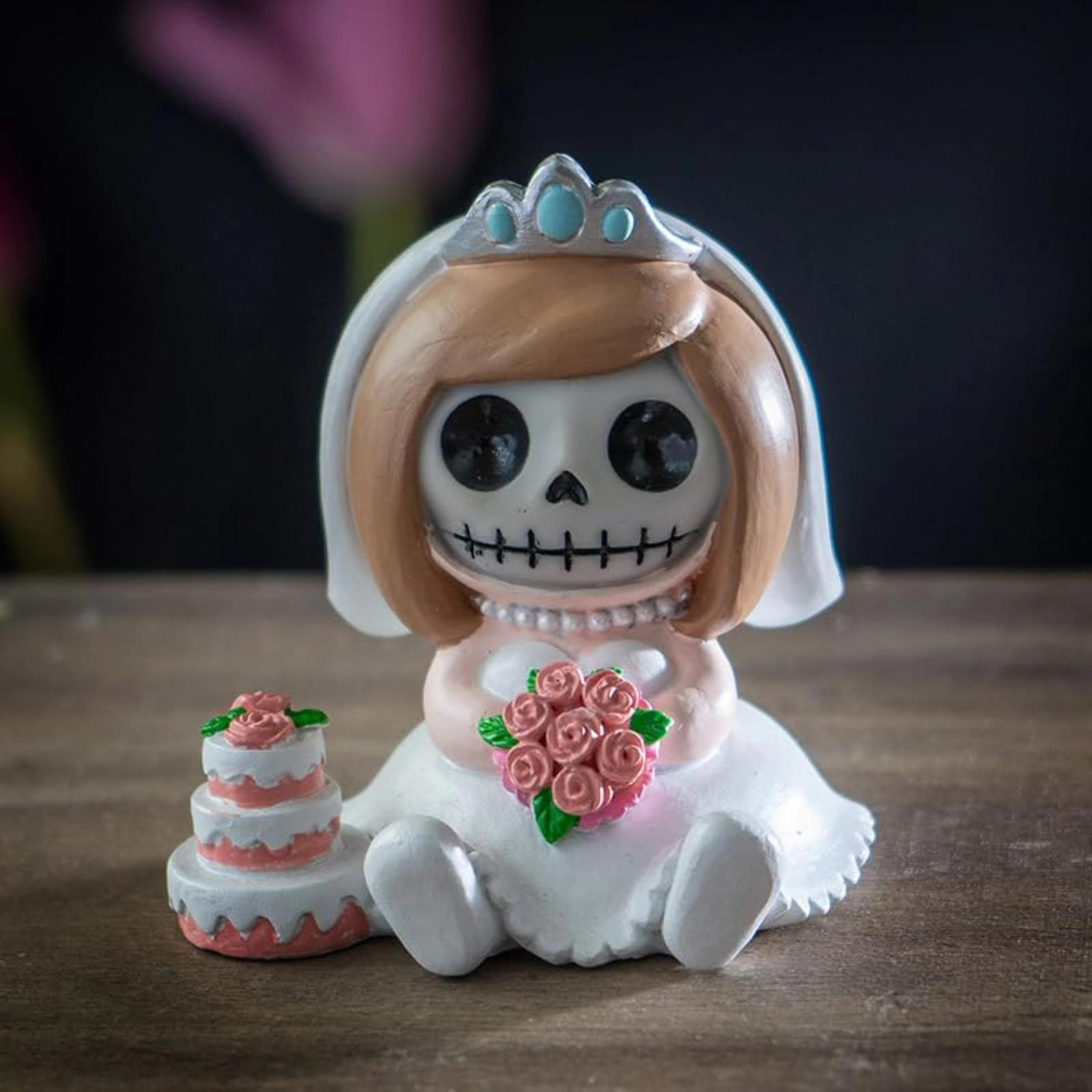 Pacific Giftware Mrs. Furrybones Figurine Skeleton Bride in Wedding Dress Holding Bouquet with Cake 3.15 Tall