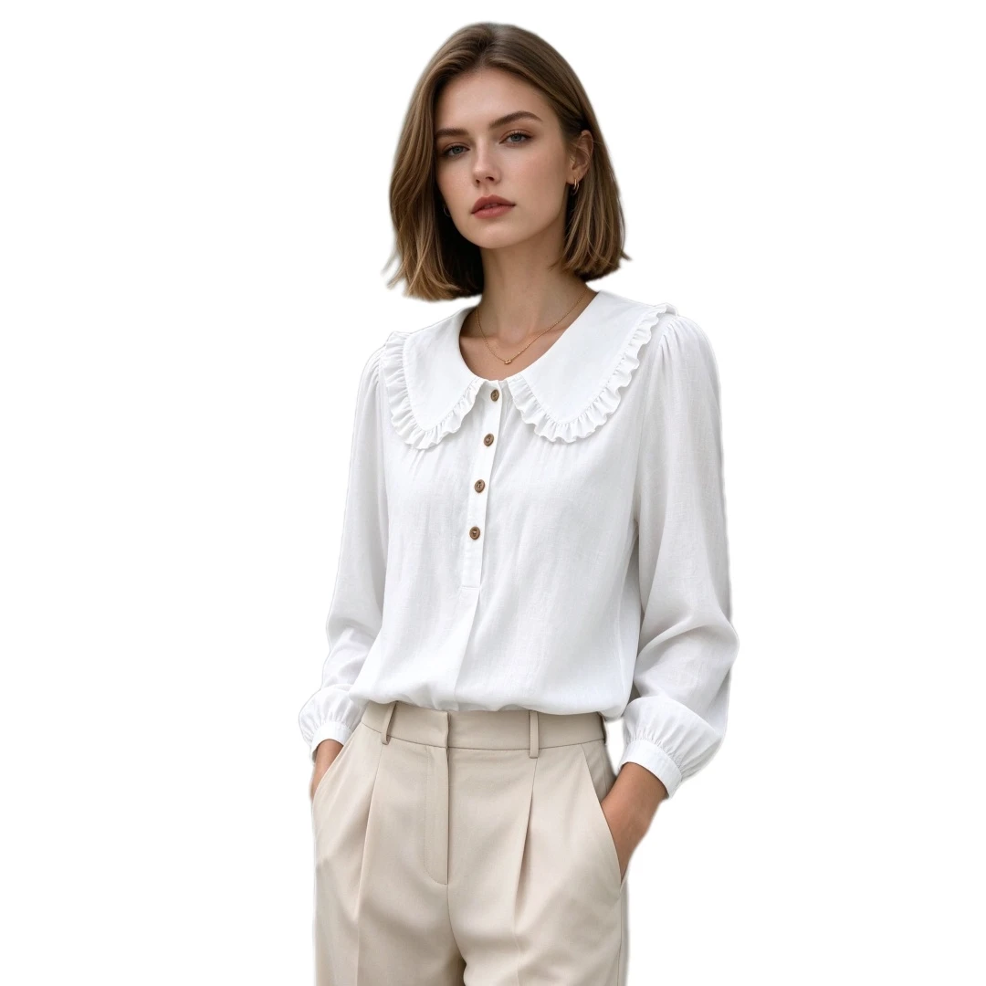 Coolmee Women's Solid Loose Peter Pan Collar Long Sleeve Cotton-Linen Look Shirt Blouse All Season