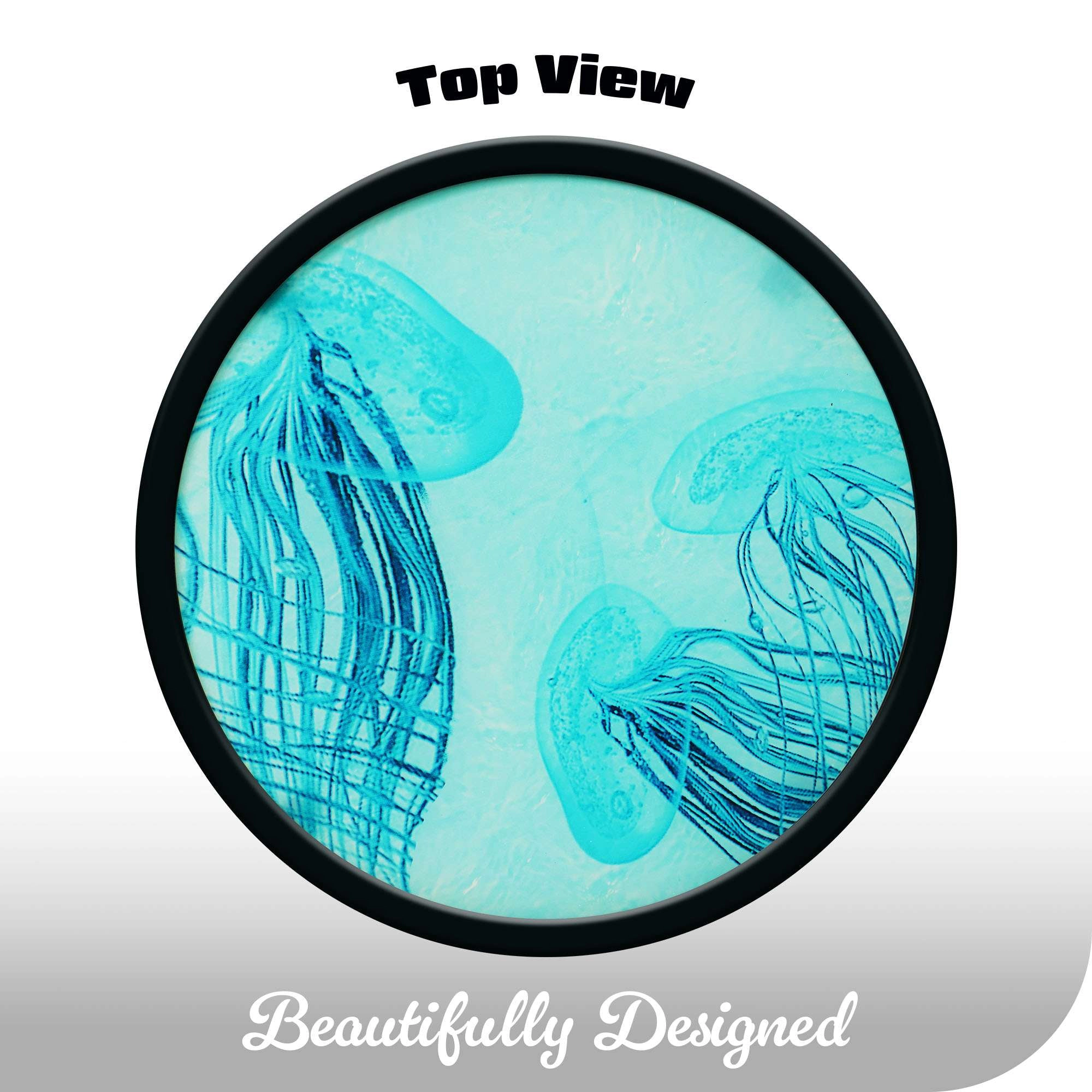G128 14 in Round Glass Outdoor Side Table, Jellyfish Ocean Pattern - Foldable Metal Plant Stand for Patio Porch Garden