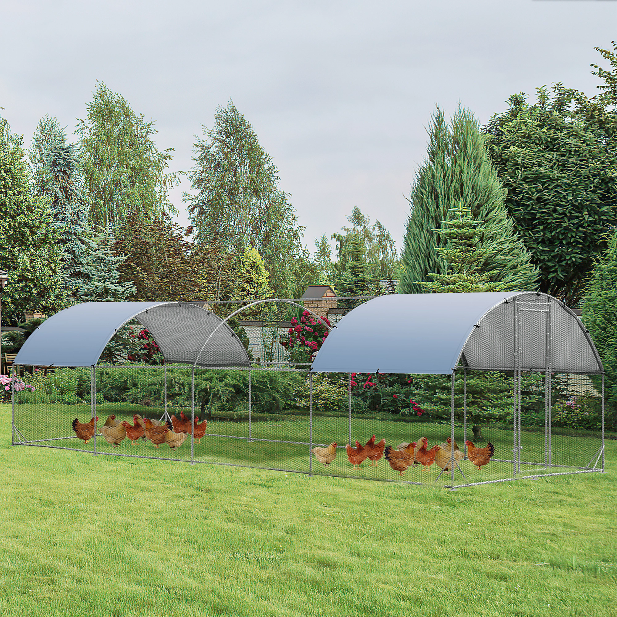 SUGIFT Silver Dome Metal Chicken Coop House with Oxford Cover and Ground Stakes 25-ft W 9-ft D 6.5-ft H