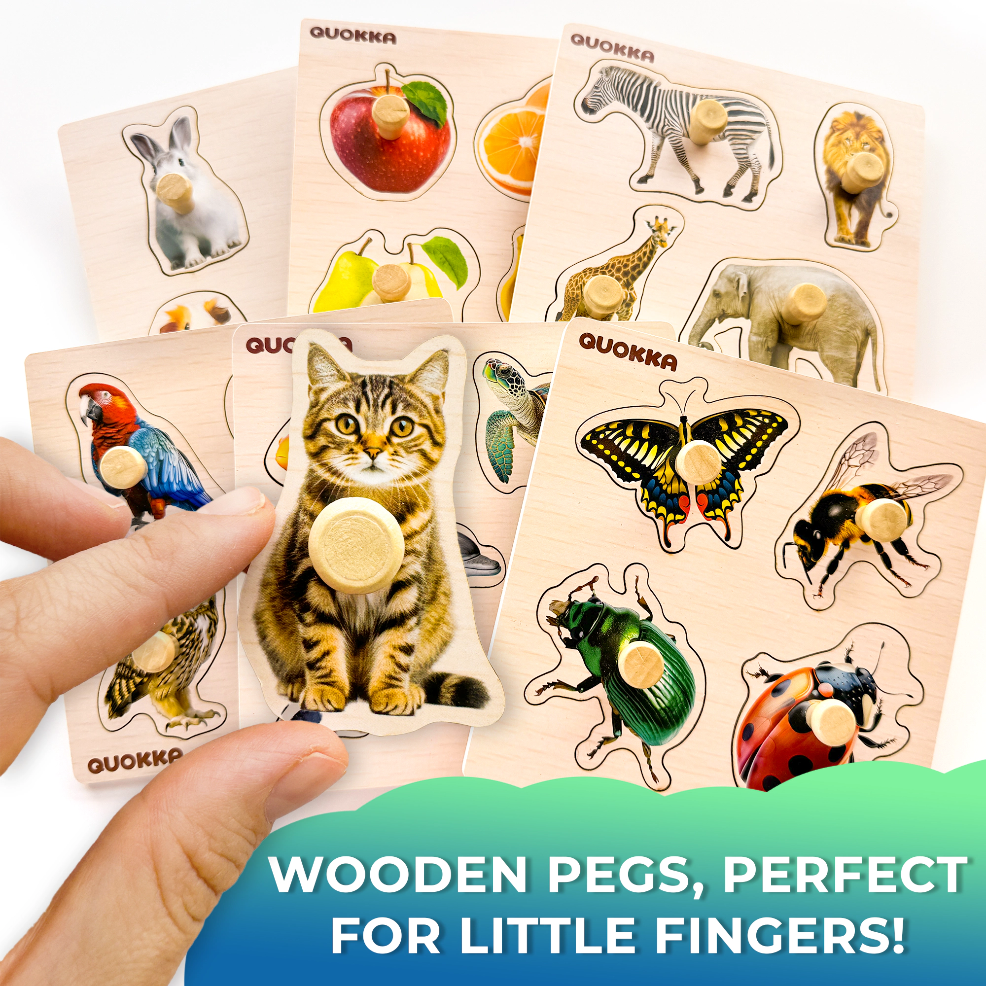 QUOKKA Wooden Peg Puzzle Set for Toddlers Ages 1–3, 6-Pack Animal, Fruit, Vehicle & Shape Puzzles