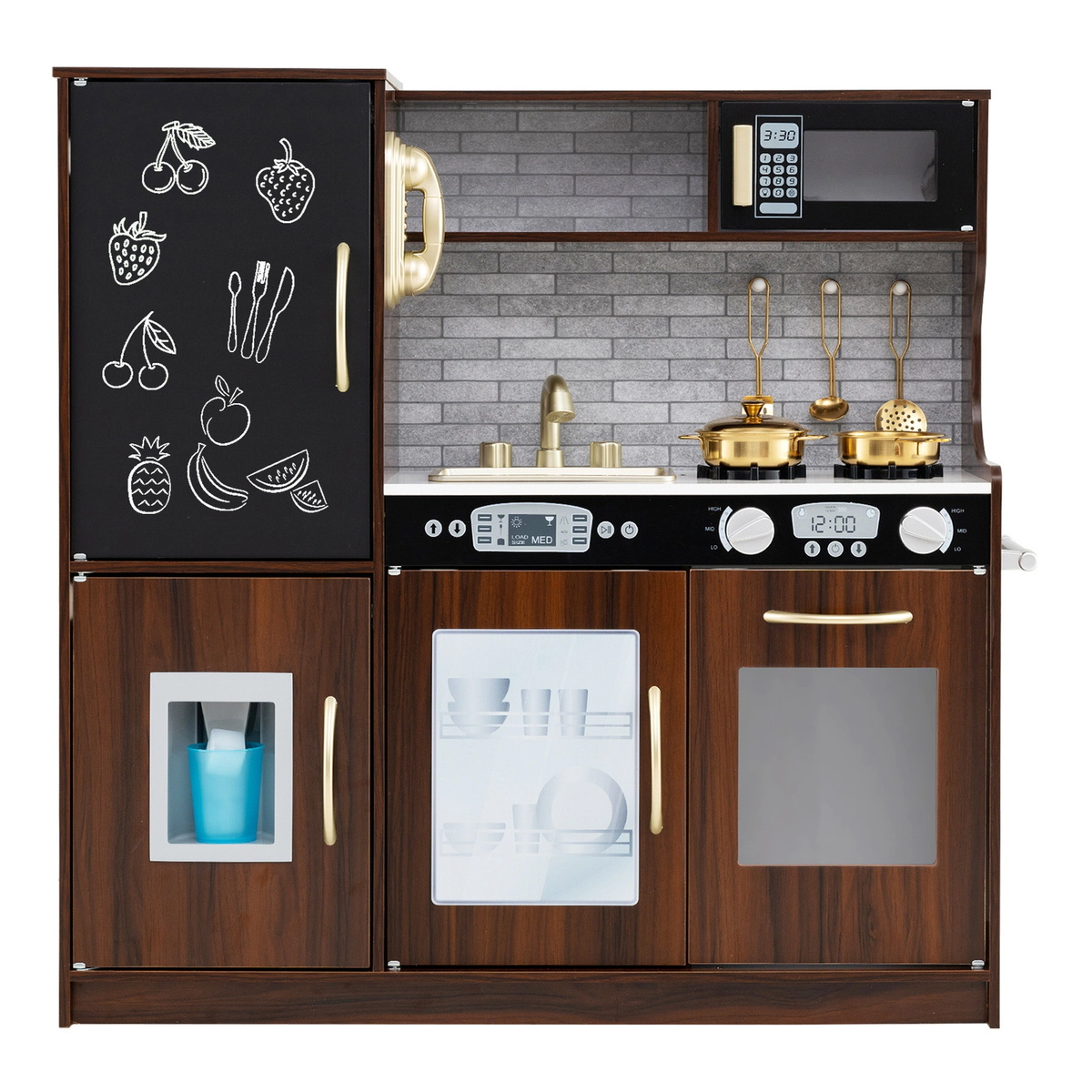 SUGIFT Toddler Pretend Play Kitchen with Sink Stoves Blackboard and Storage 32-in Frame Ages 3-6 Years Brown MDF