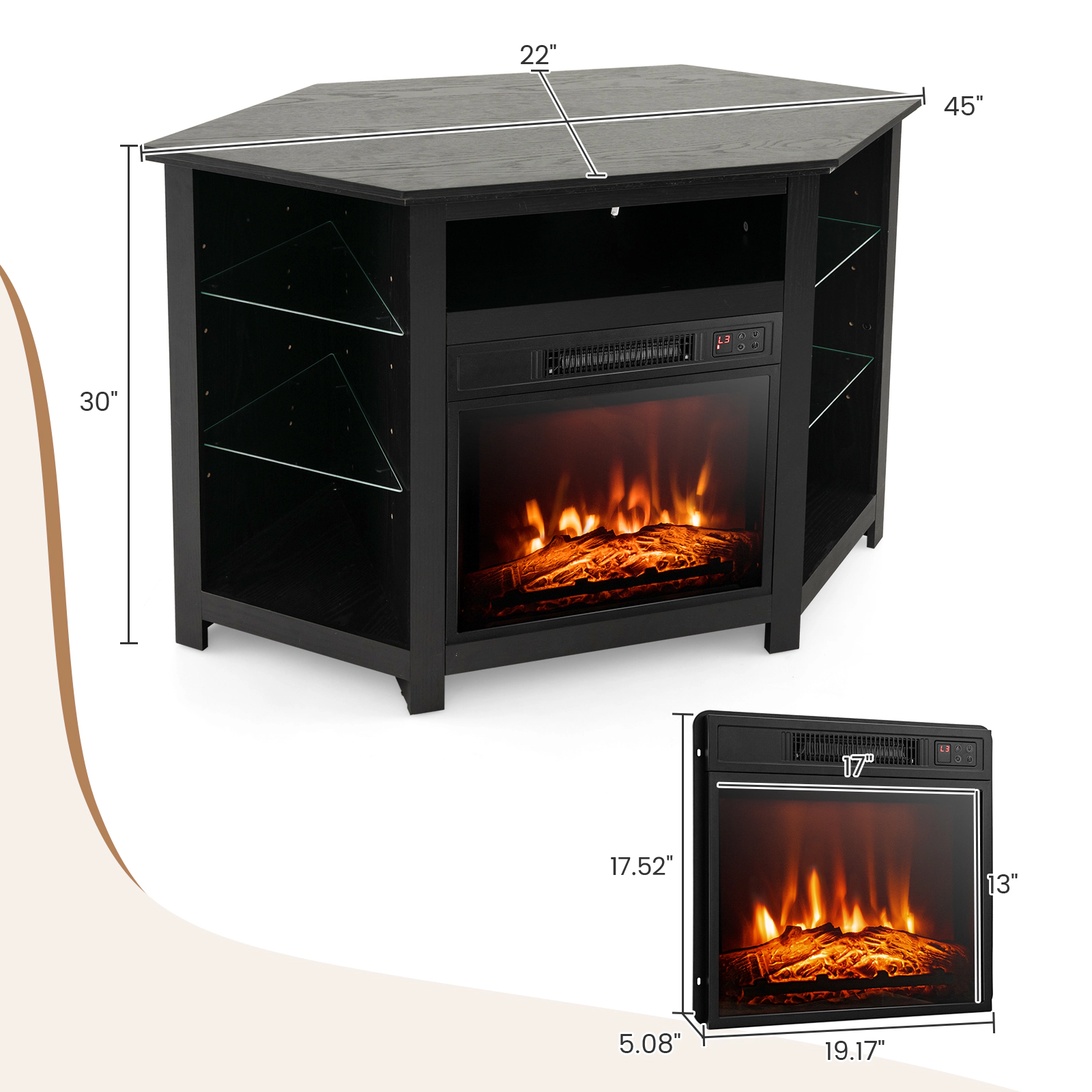 SUGIFT 45-in Corner Fireplace TV Stand with LED Lights & Smart APP Control 44-lb Countertop Capacity for 50-in TV Black