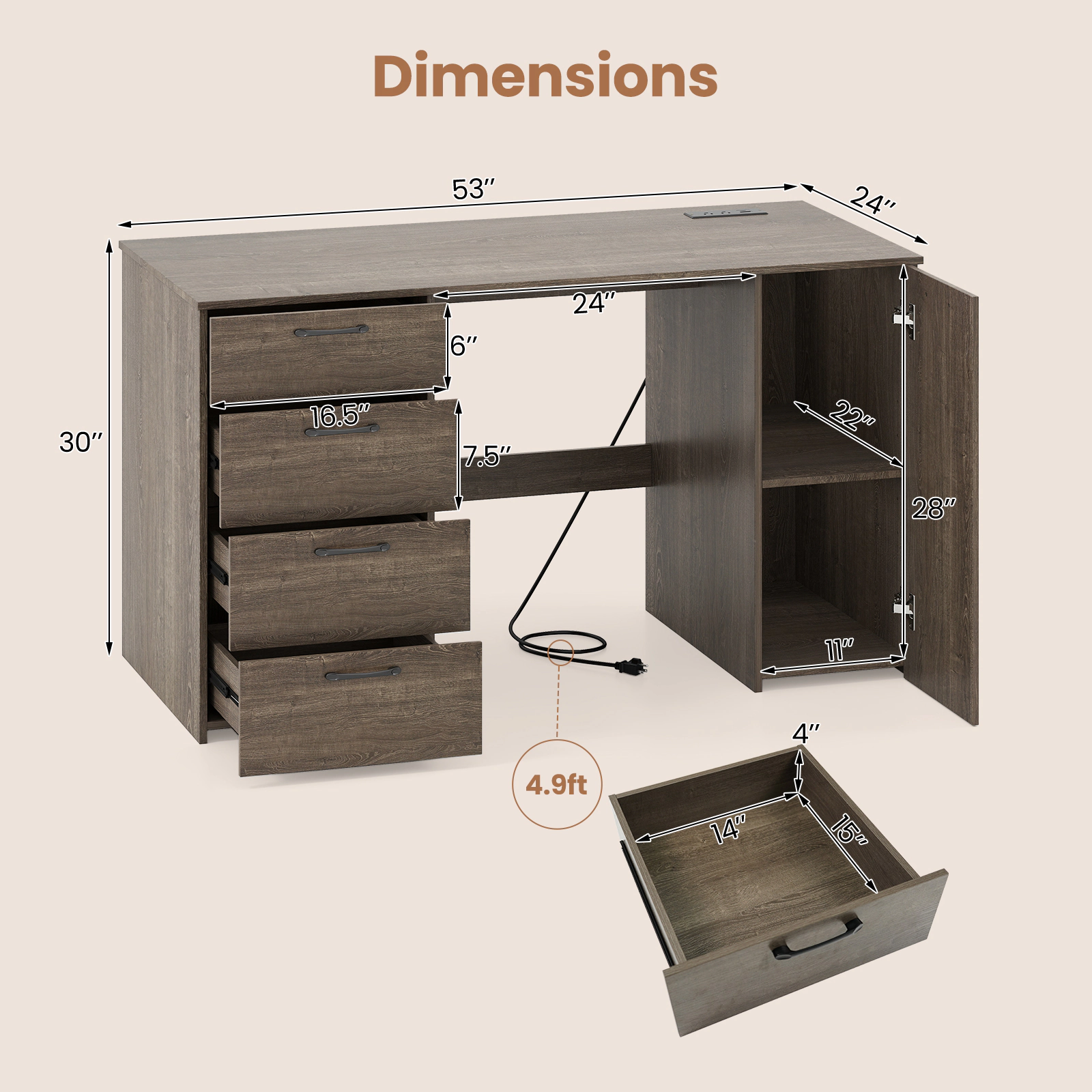 LJG 53 Inches Computer Desk with Power Outlets and 4 Storage Drawers
