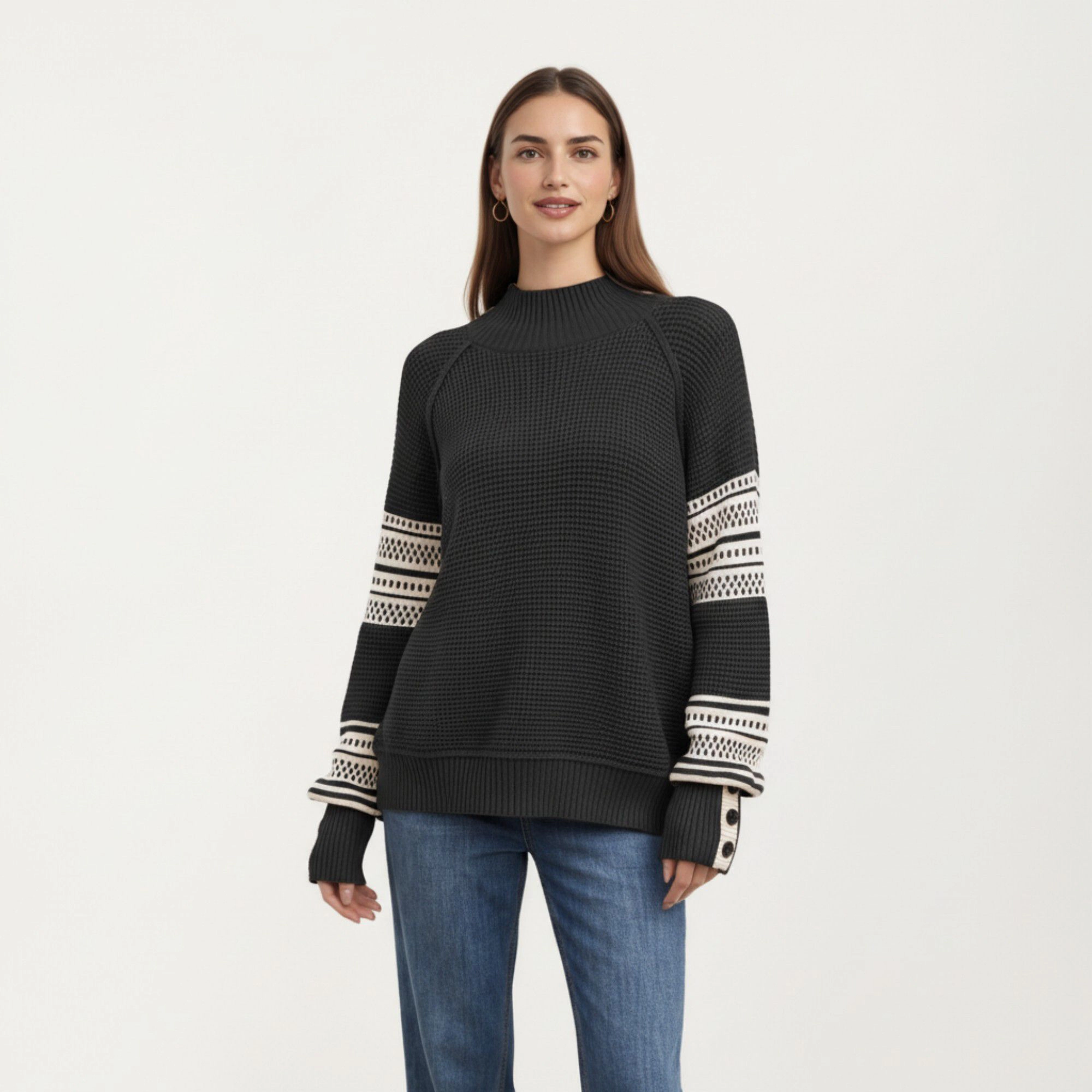 Anna-Kaci Women's Waffle Stitch Patterned Sleeve Mock Neck Long Knit Pullover Top